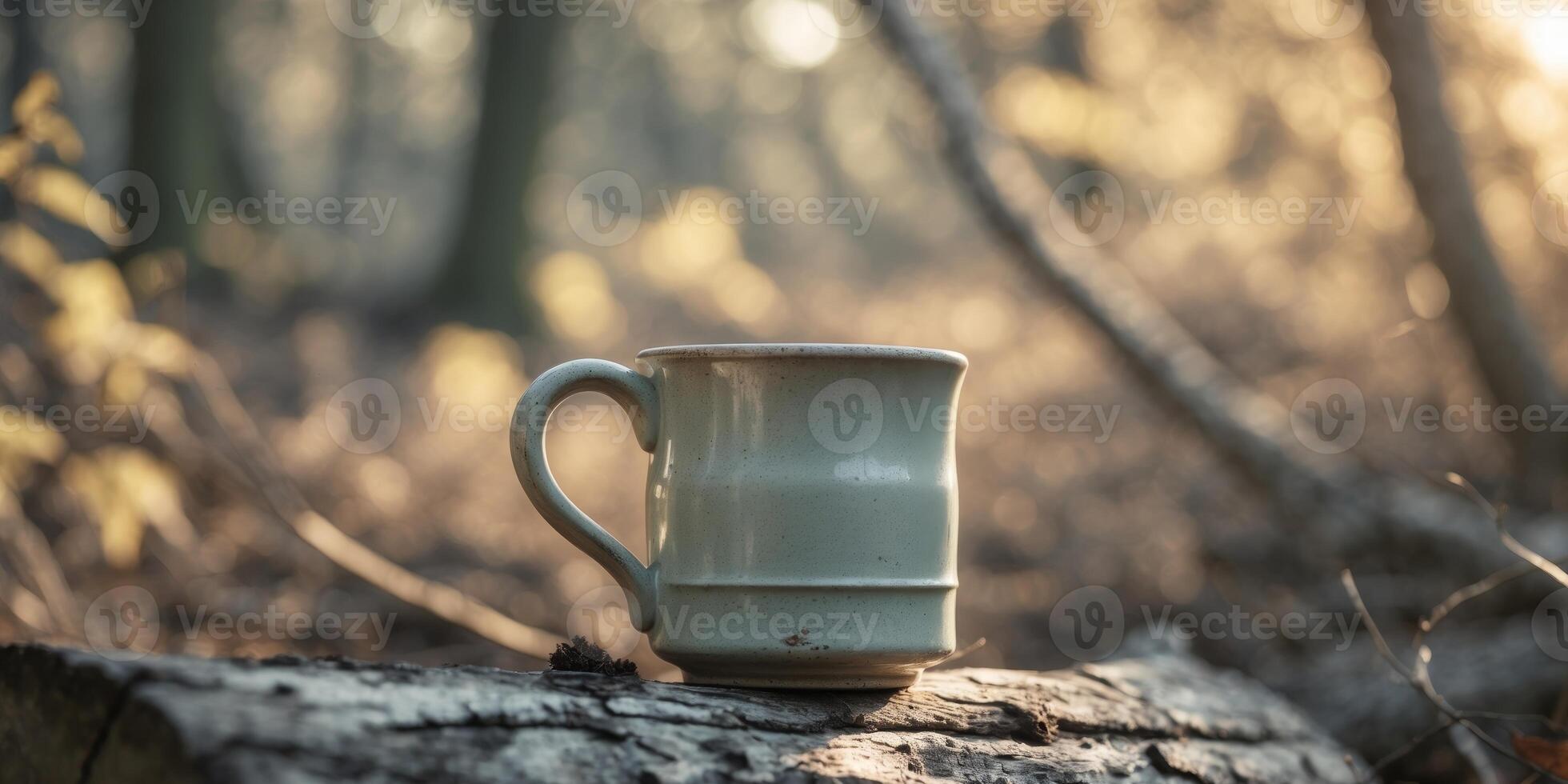 Vintage Mug on Log in Nature with Soft Sunlight in Background photo