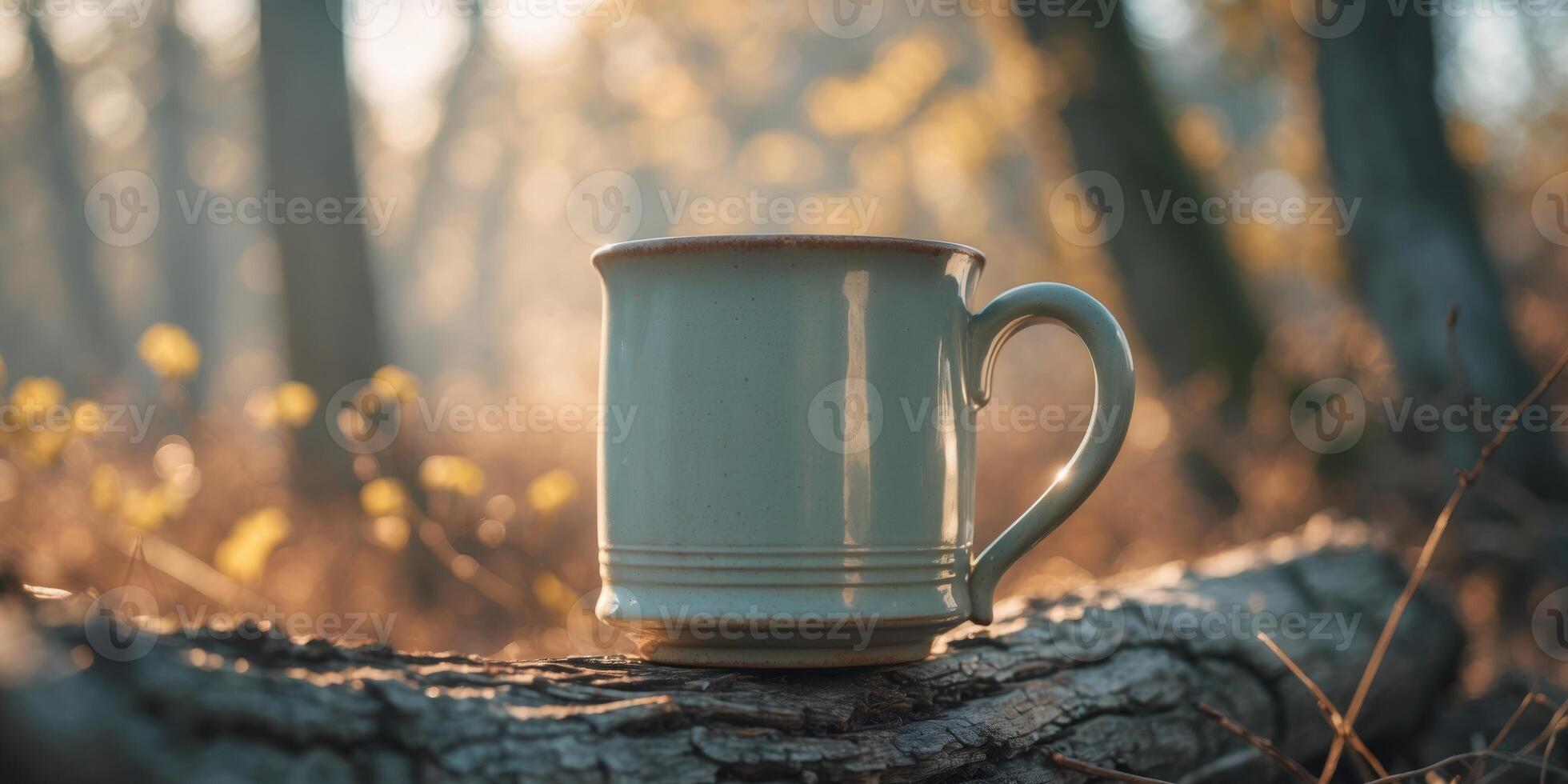 Vintage Mug on Log in Nature with Soft Sunlight in Background. photo
