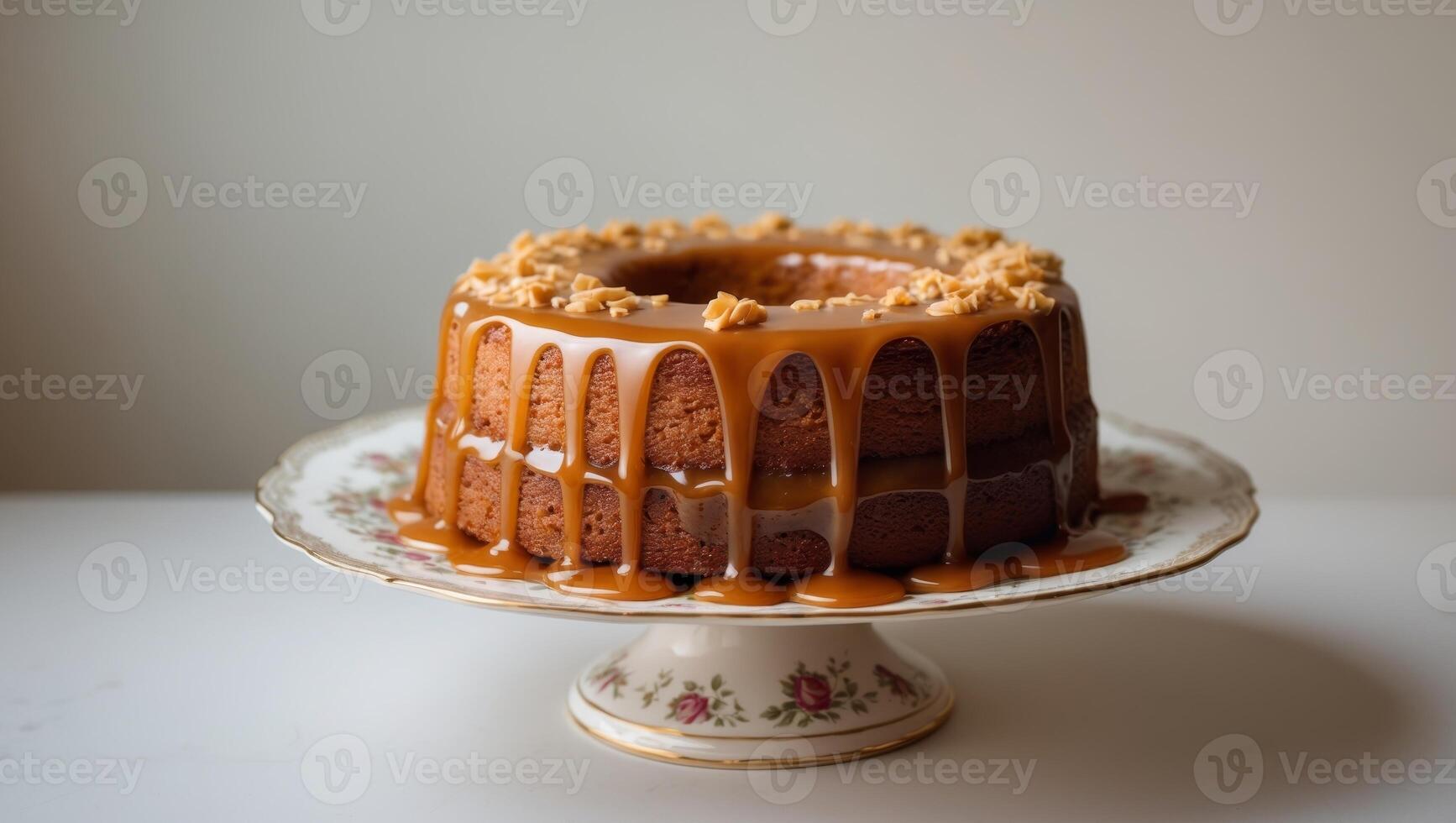 Elegant English Sticky Toffee Pudding Cake with Caramel Sauce Drizzle. photo