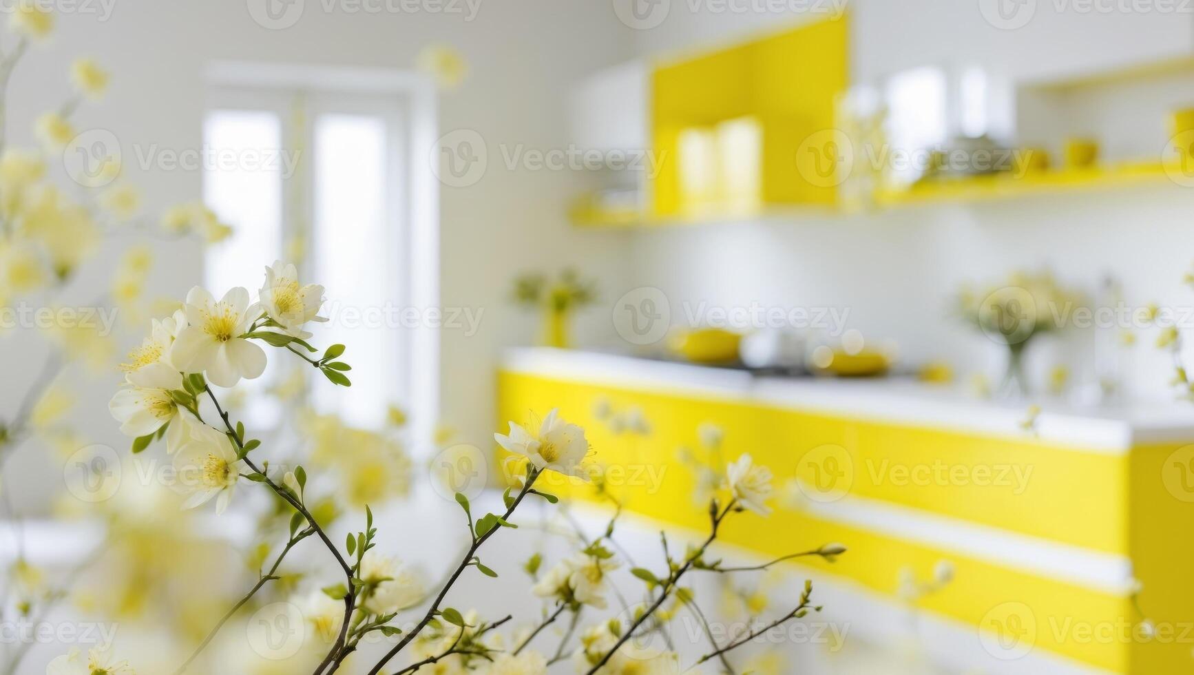 Bright Yellow Kitchen with White Cabinets and Spring Blossoms photo