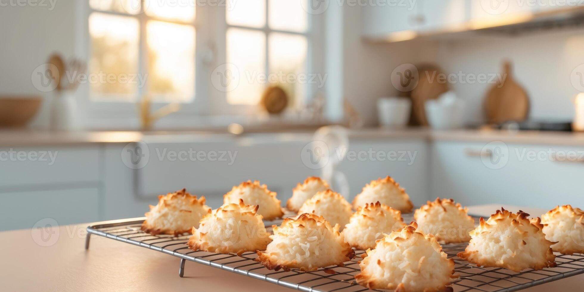 Freshly baked coconut macaroons cooling in the oven at a cozy home kitchen during the afternoon. photo