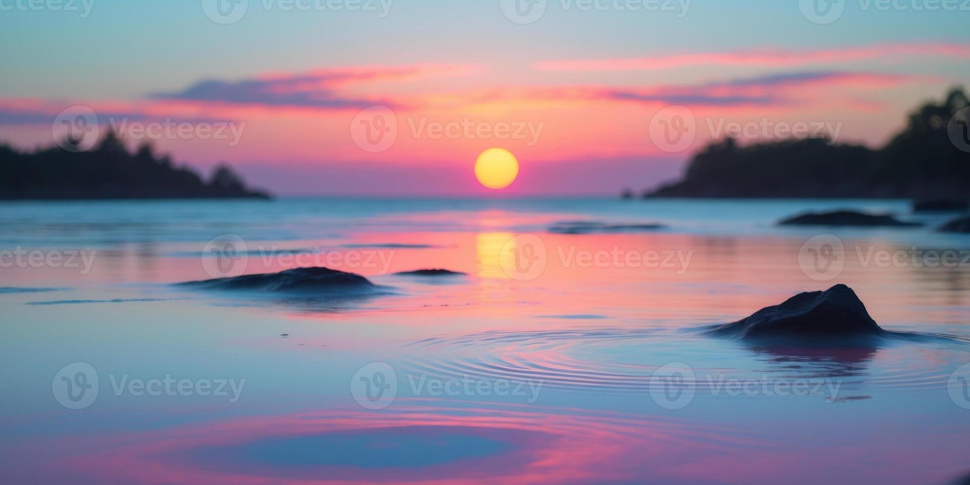 Serene Coastal Sunset with Vibrant Colors Reflected in Calm Waters. photo