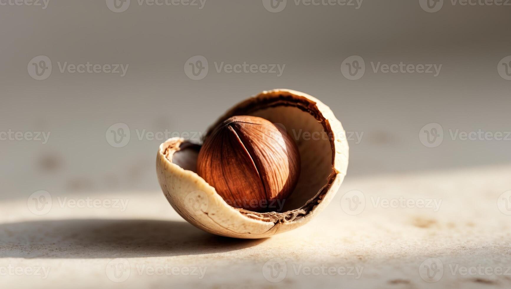 Close up of a Single Hazelnut in its Shell Cracked Open Revealing the Nut Inside. photo