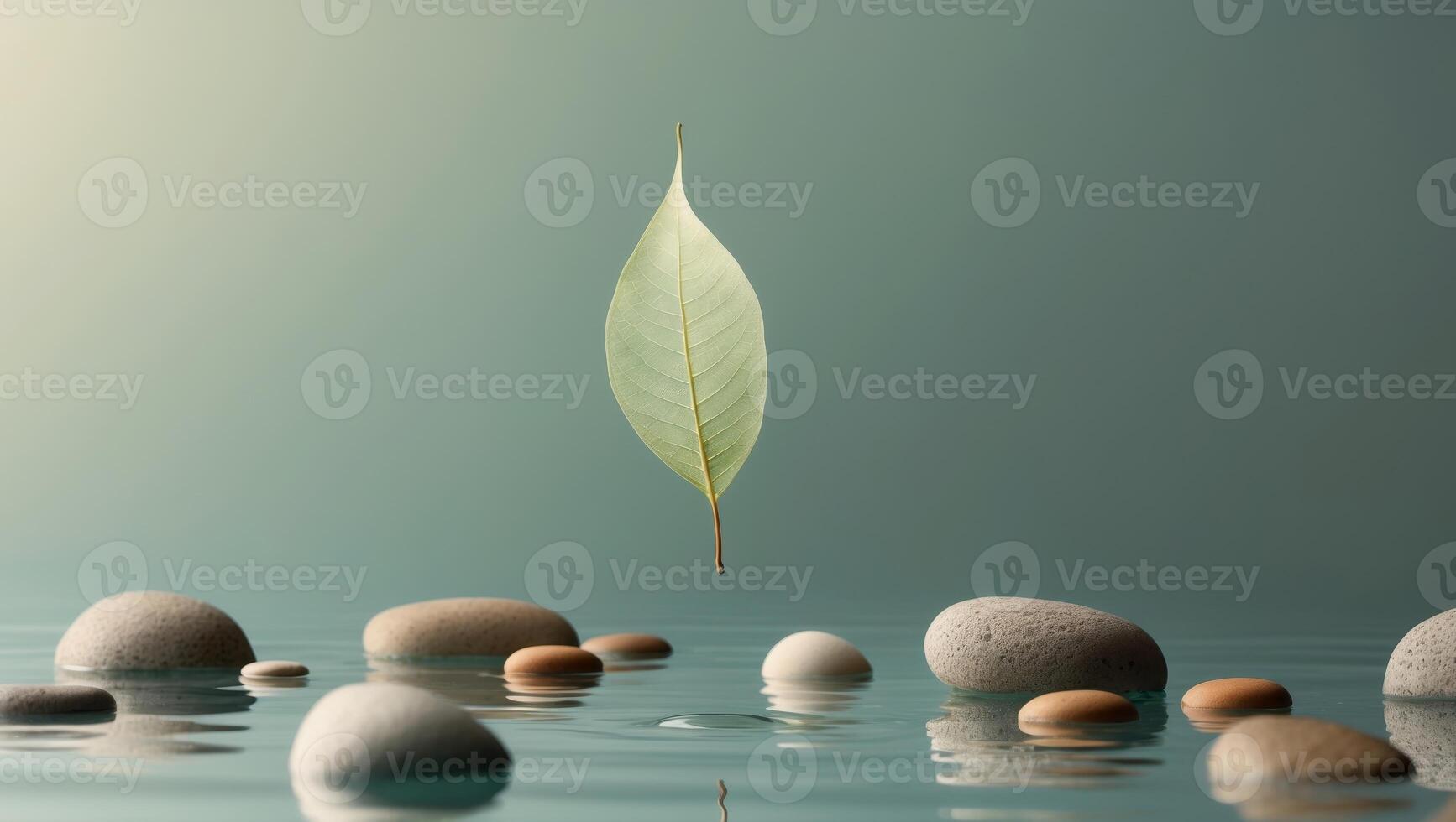 Leaf floating on water surrounded by smooth stones in a tranquil setting photo