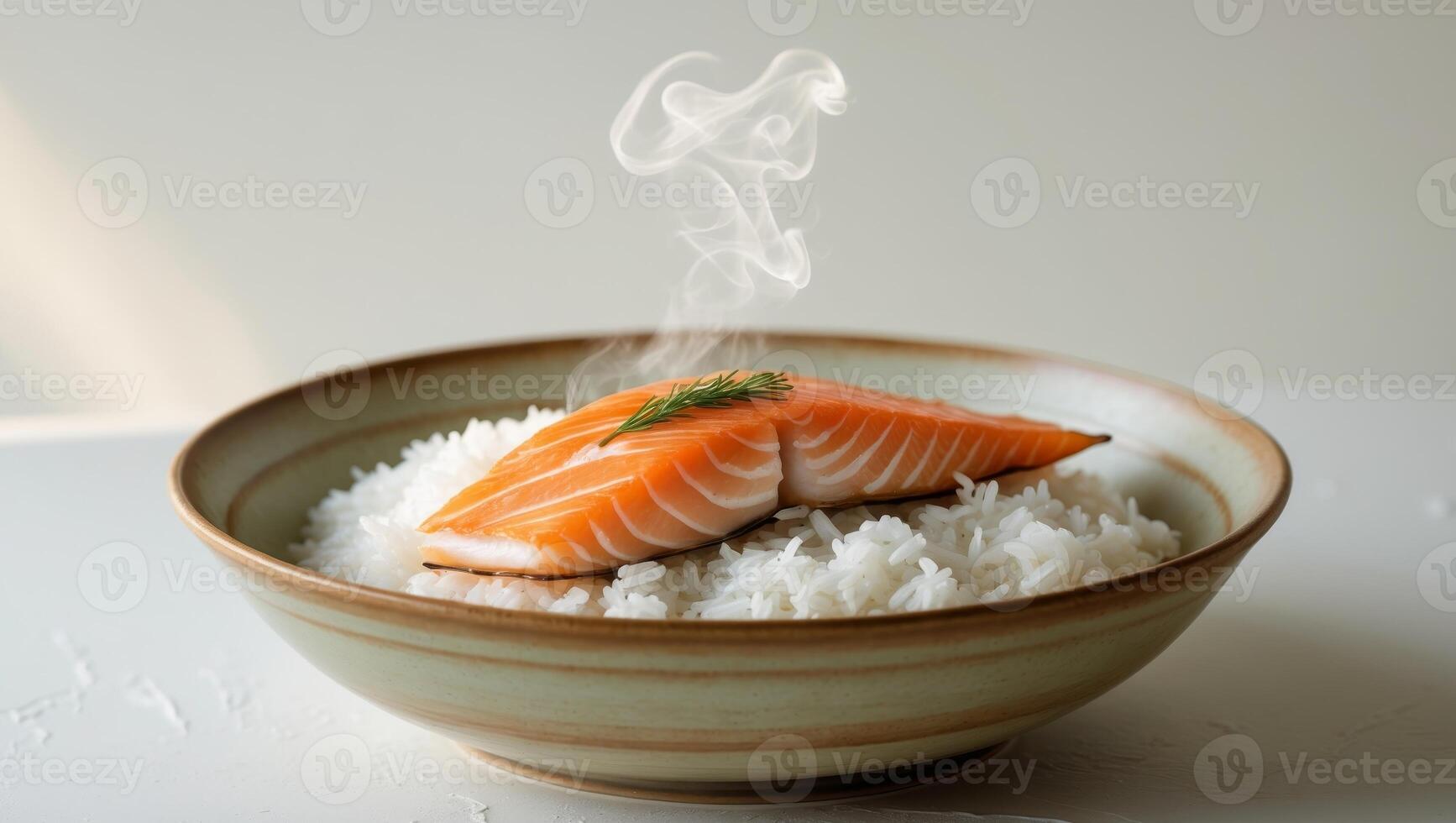 Steaming fish resting on a bowl of rice creating an appetizing meal still hot photo