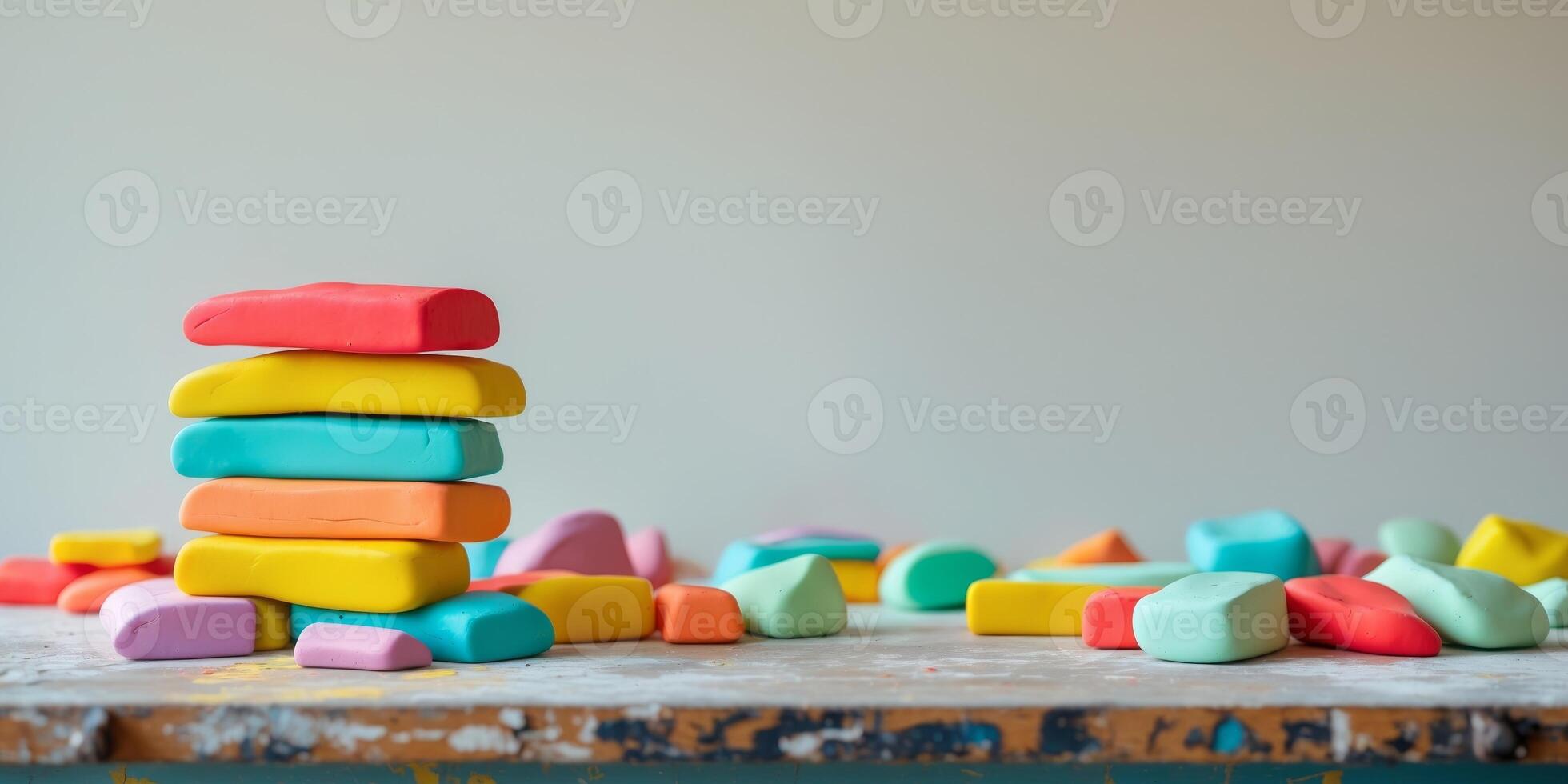 Colorful blocks of modeling clay stacked on a textured surface in a creative workspace. photo