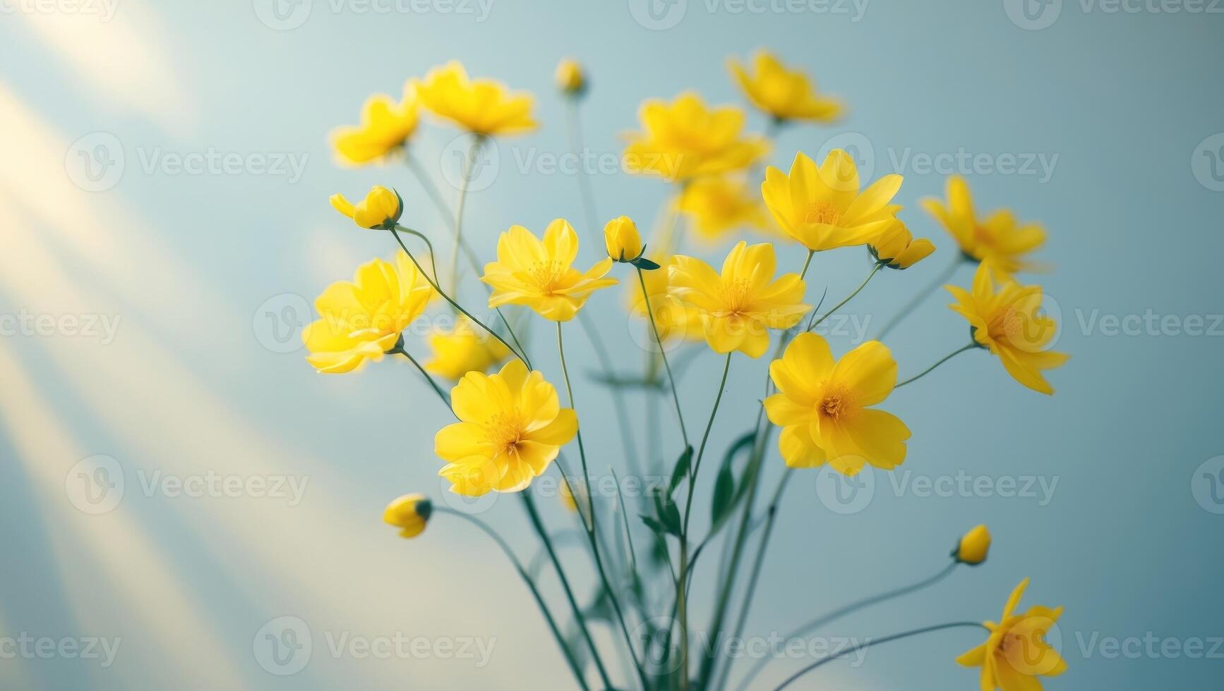 Bouquet of yellow flower on pastel blue background photo
