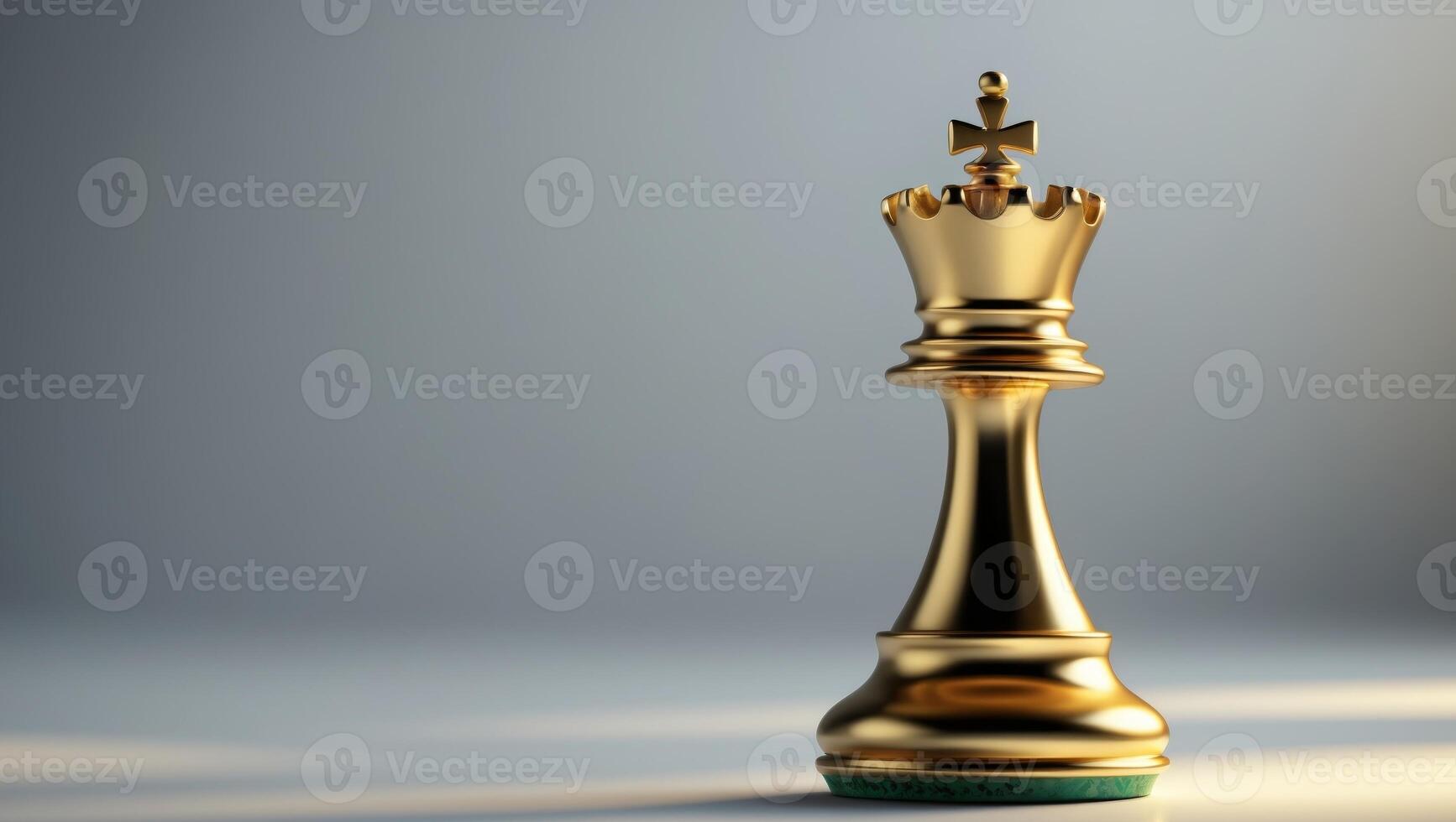 Shiny gold chess king piece in a close up low angle composition highlighting the elegance power and strategy of the game of chess. photo