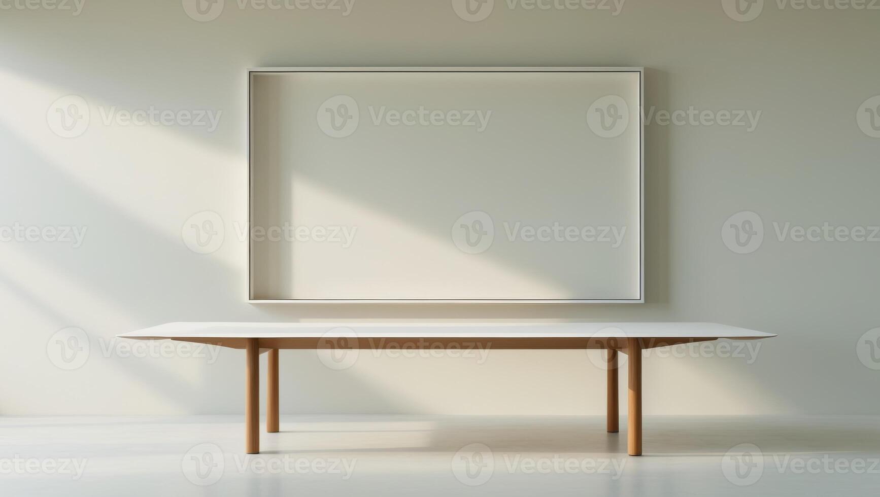White wood table with large spring window and copy space photo