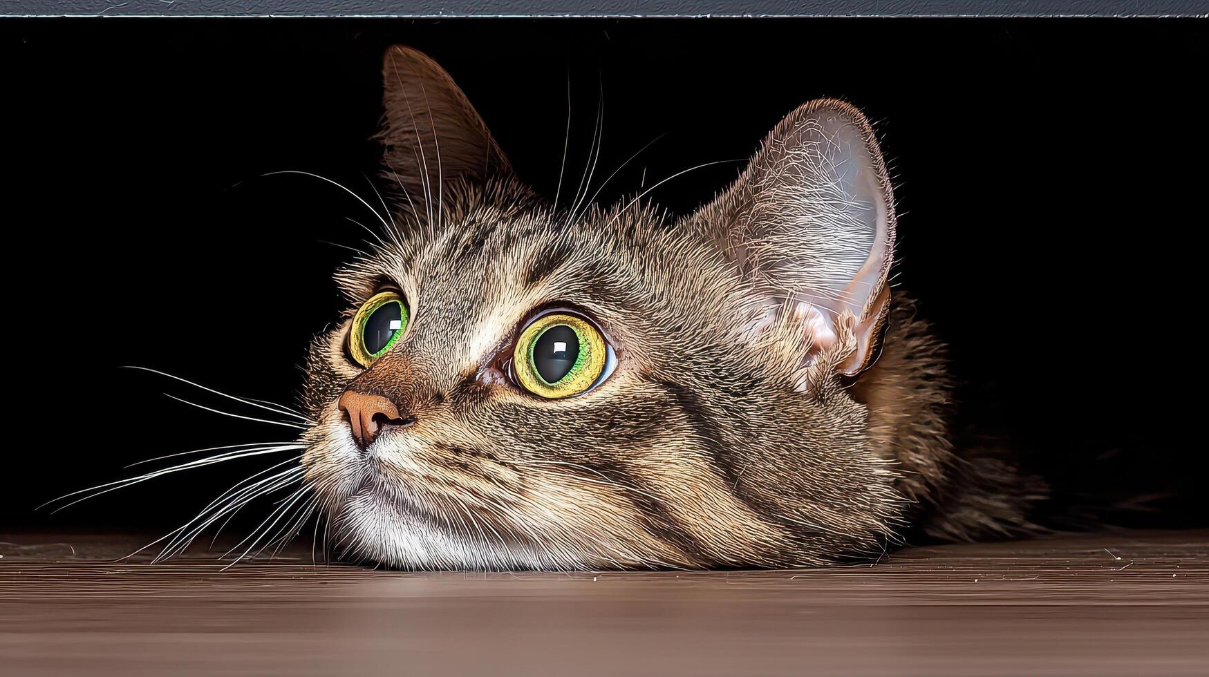 Curious Tabby Cat Peeking from Underneath Furniture Wide Eyes Close Up photo