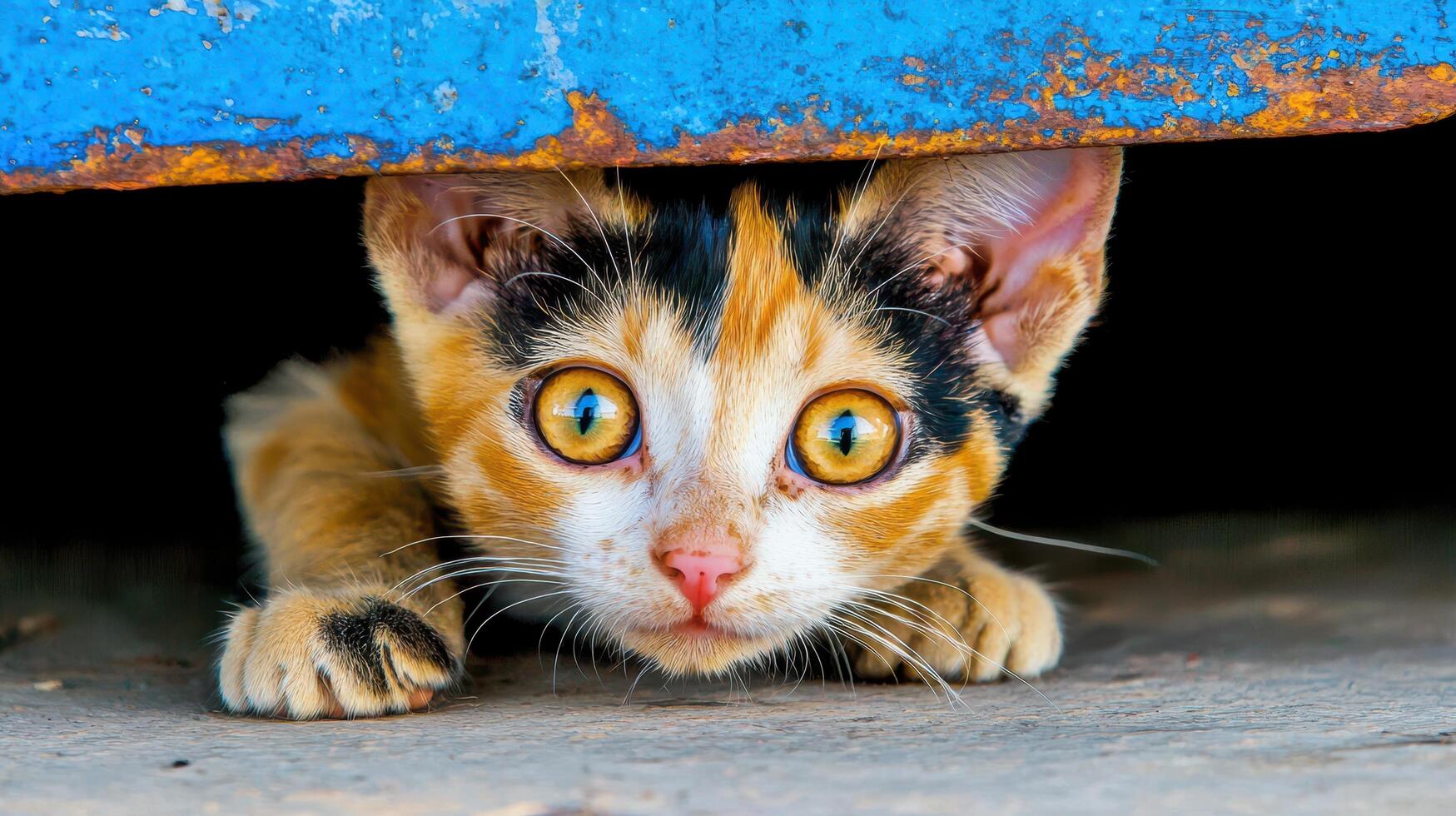 Curious Calico Kitten Peeking from Underneath Rusty Blue Metal photo