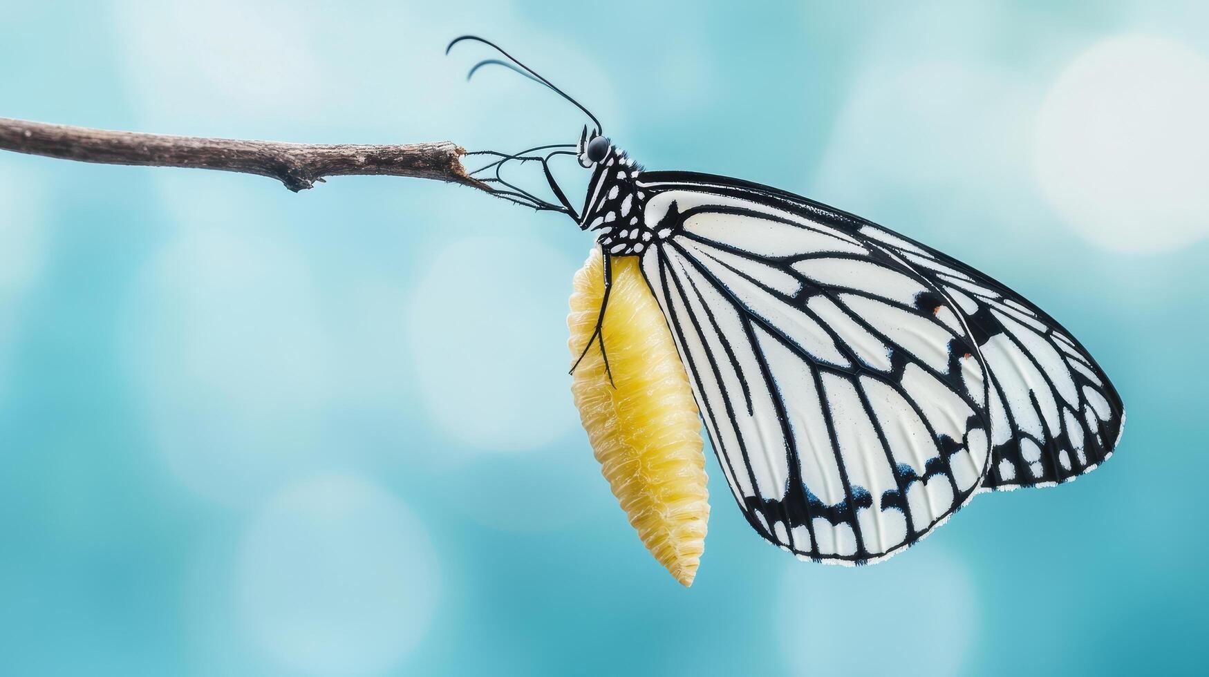Newly Emerged Butterfly on Branch Black and White Wings Chrysalis Nature Insect photo