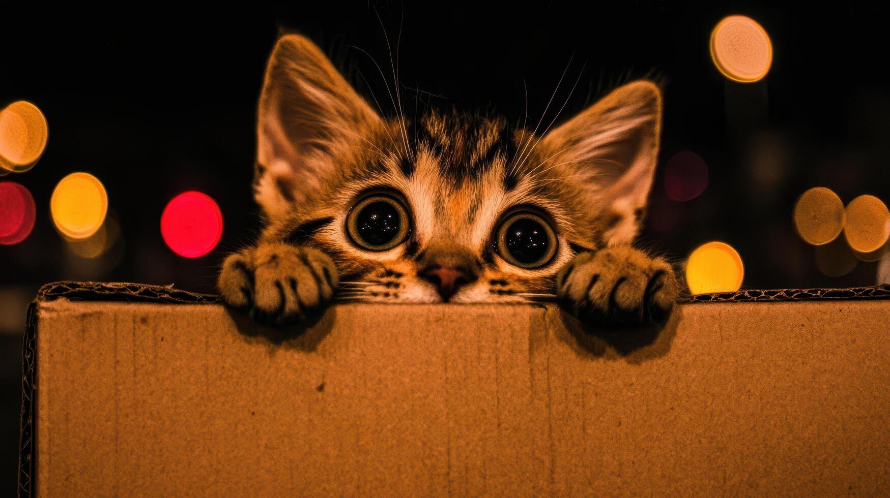 Adorable Kitten Peeking from Cardboard Box Night Lights Background Cute Pet photo