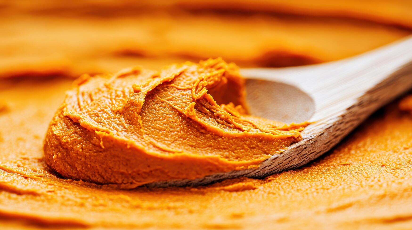 Close up of Creamy Orange Miso Paste on Wooden Spoon Japanese Cuisine Ingredient photo