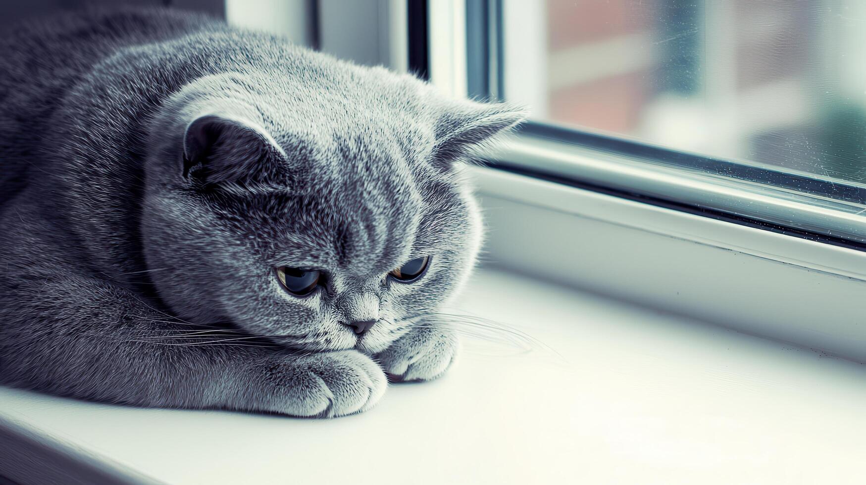 Adorable Gray British Shorthair Cat Resting on Windowsill Looking Pensively Out Window photo