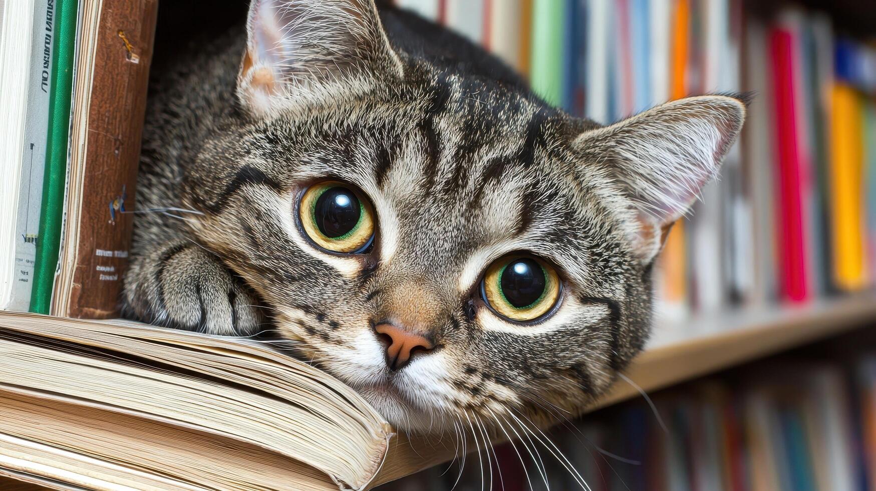 Curious Tabby Cat Resting on Bookshelf Close Up Portrait Library Setting photo