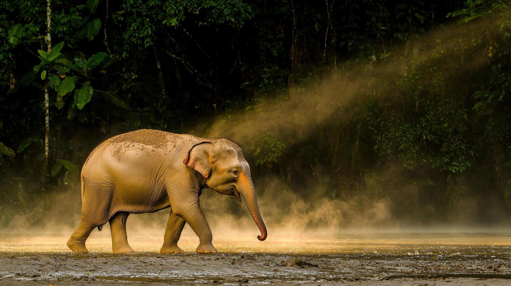 Young Asian Elephant Walking Through Dusty Jungle Path at Sunrise photo