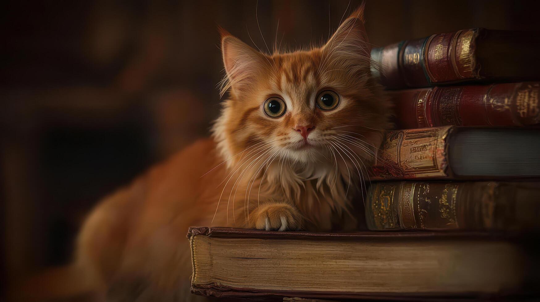 Adorable Ginger Kitten Resting on Stack of Antique Books Cozy Home Library Scene photo
