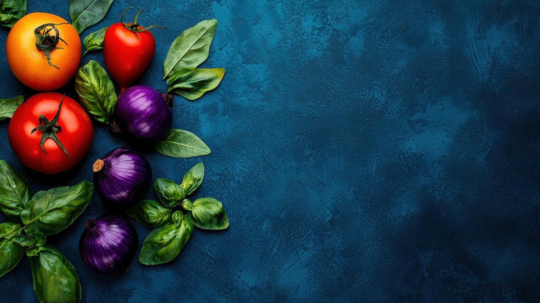 Vibrant Tomatoes Red Onions and Fresh Basil on Dark Blue Background photo