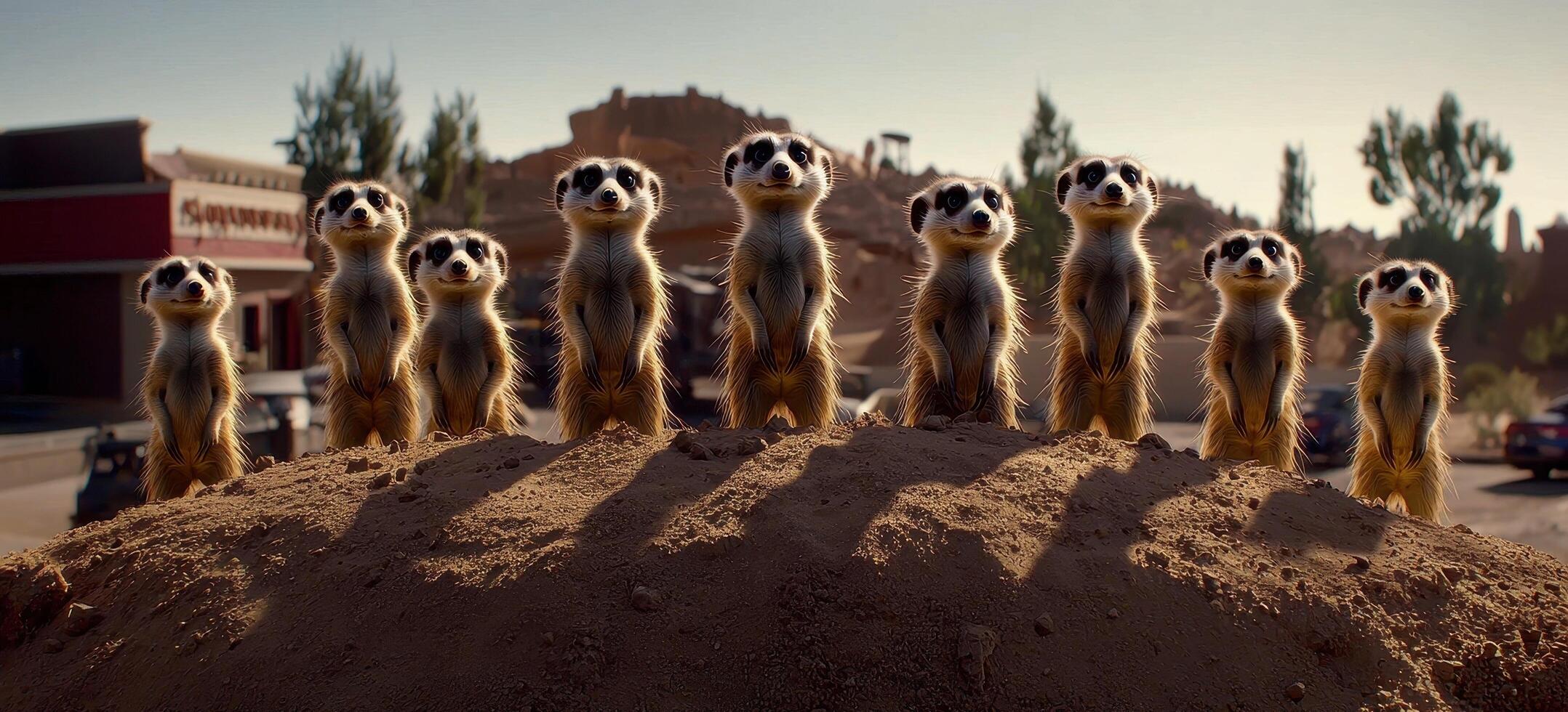 Nine Meerkats Standing on a Sand Dune Desert Landscape Background photo