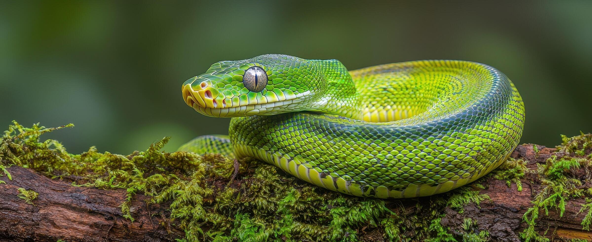 Vibrant Green Emerald Tree Boa Snake on Mossy Branch in Rainforest photo