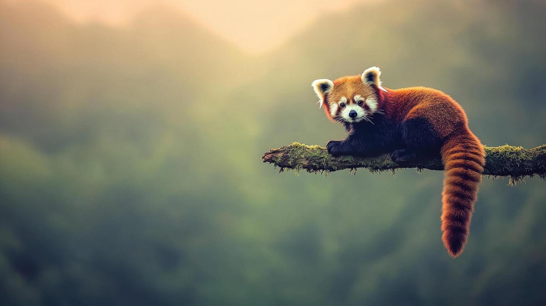 Adorable Red Panda Perched on Mossy Branch in Misty Forest Habitat photo