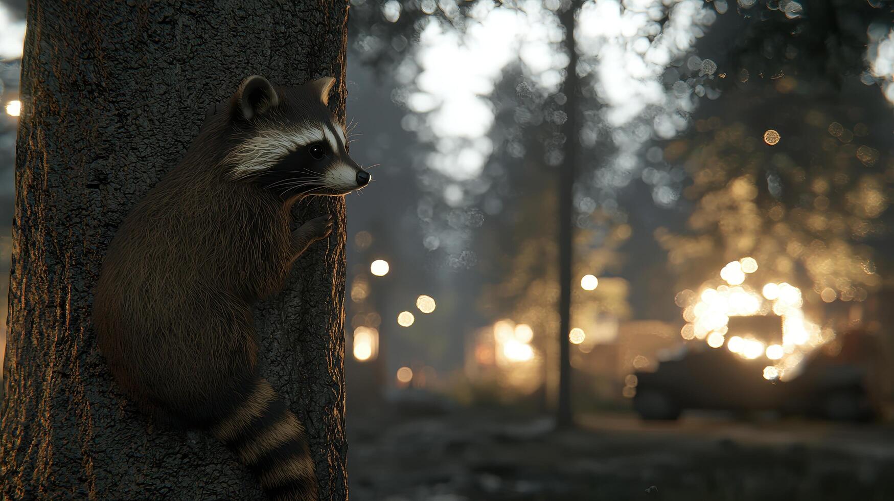 Raccoon Climbing Tree Trunk in Forest at Dusk Wildlife Nature Scene photo