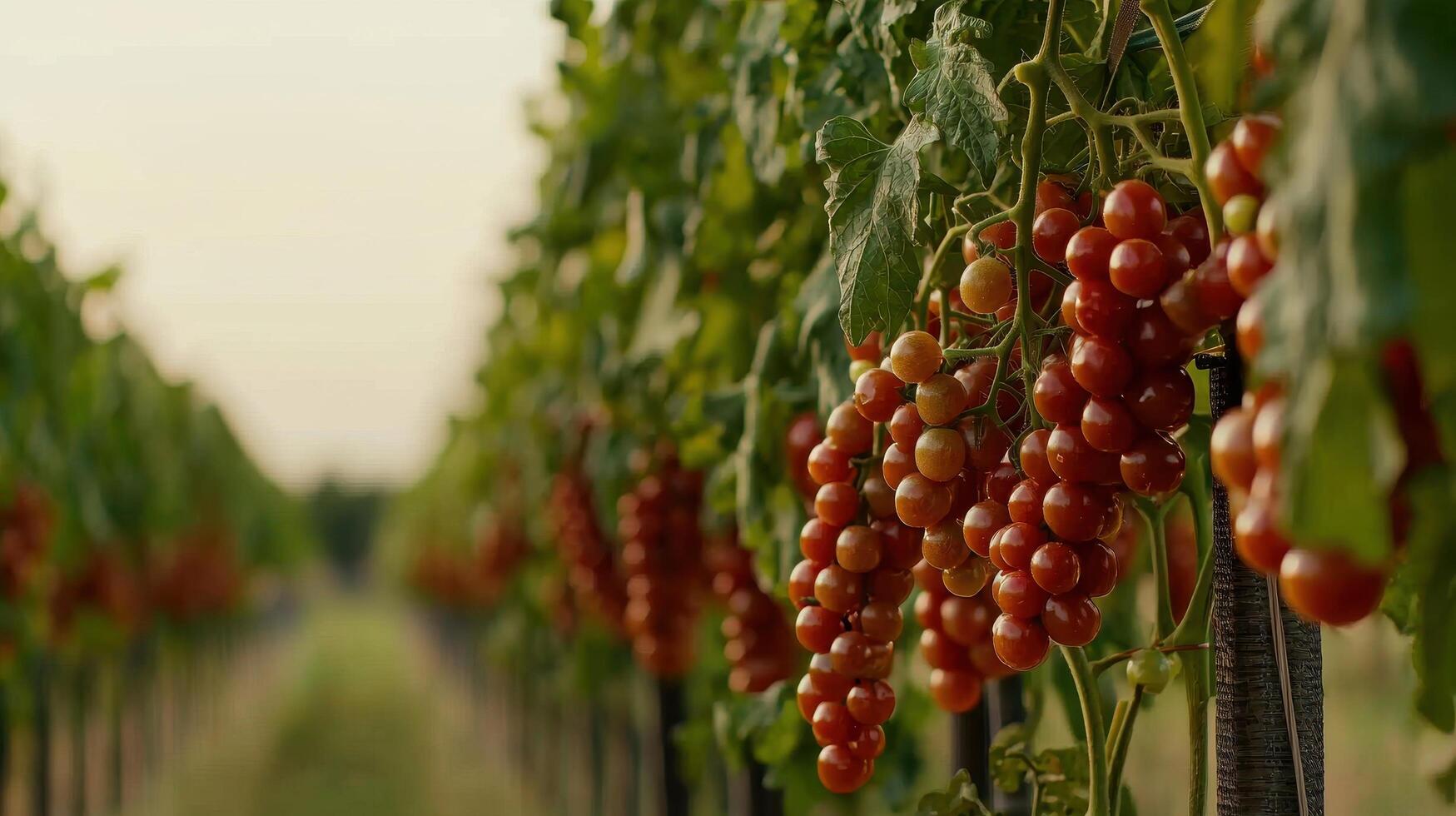 Ripe Red Cherry Tomatoes Growing on Vines in a Sunny Field Organic Agriculture photo