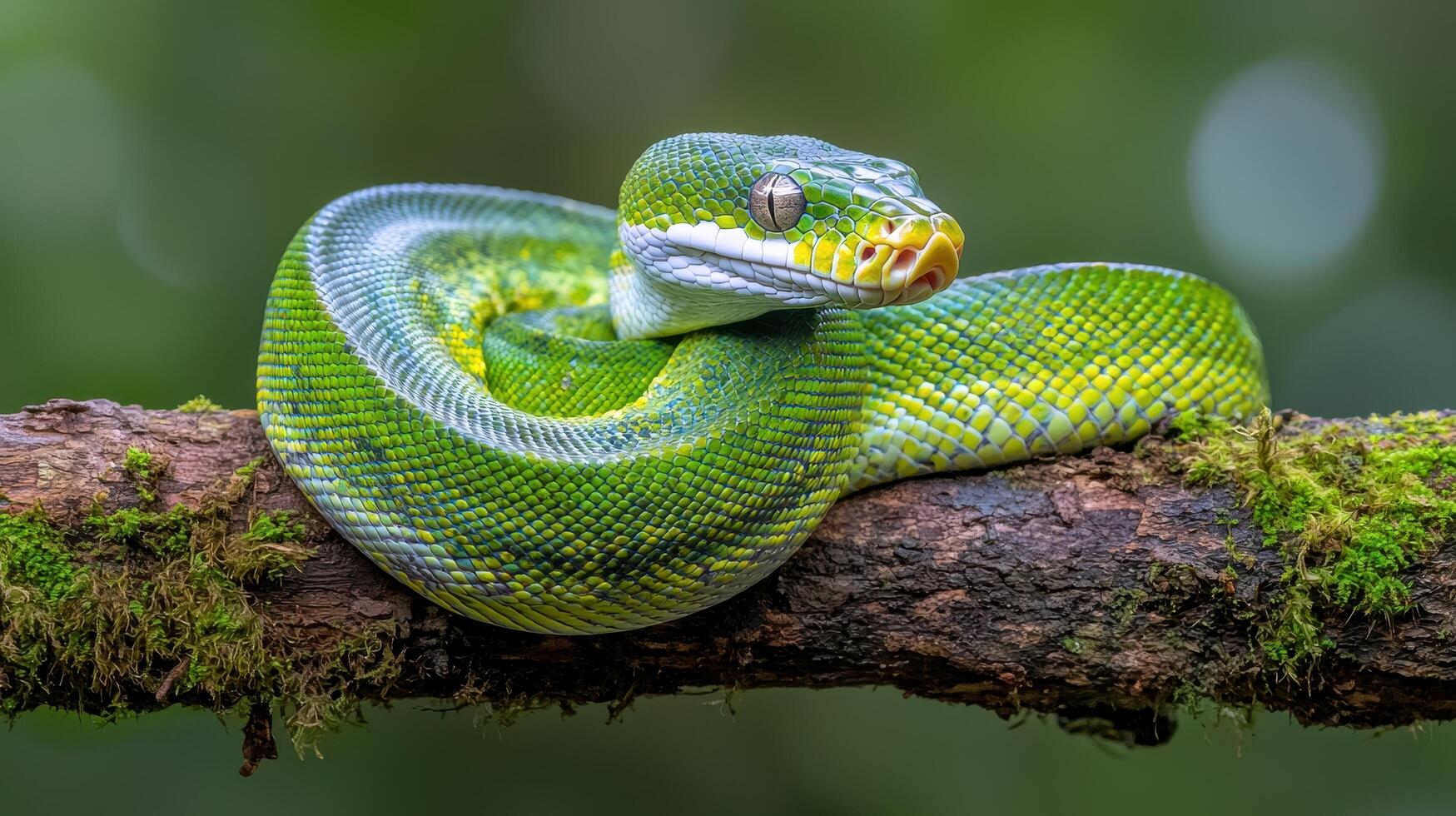 Green Tree Python Coiled on Mossy Branch in Rainforest Habitat photo
