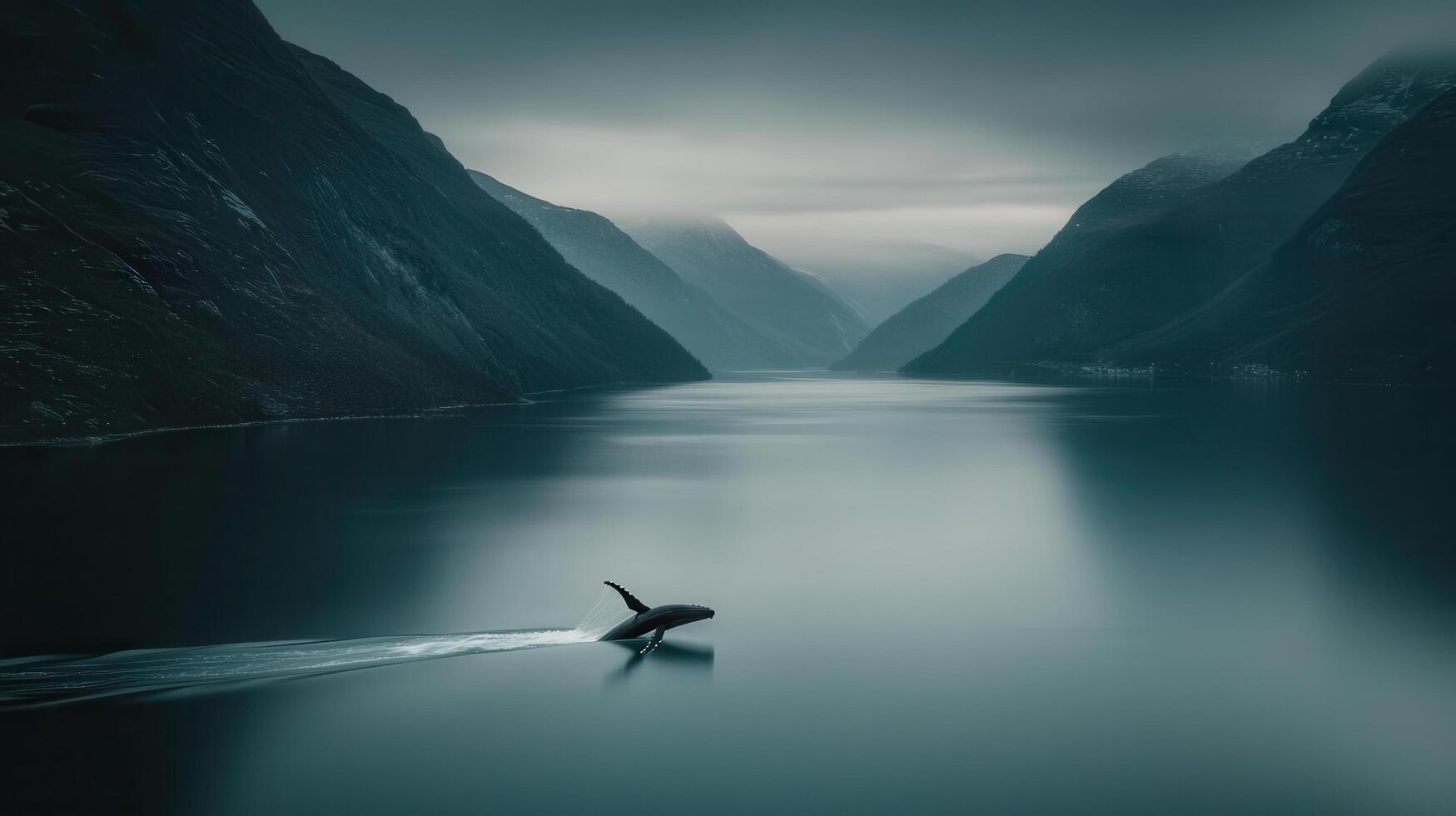 Majestic Humpback Whale Breaching in Serene Fjord Landscape Mountains and Water photo