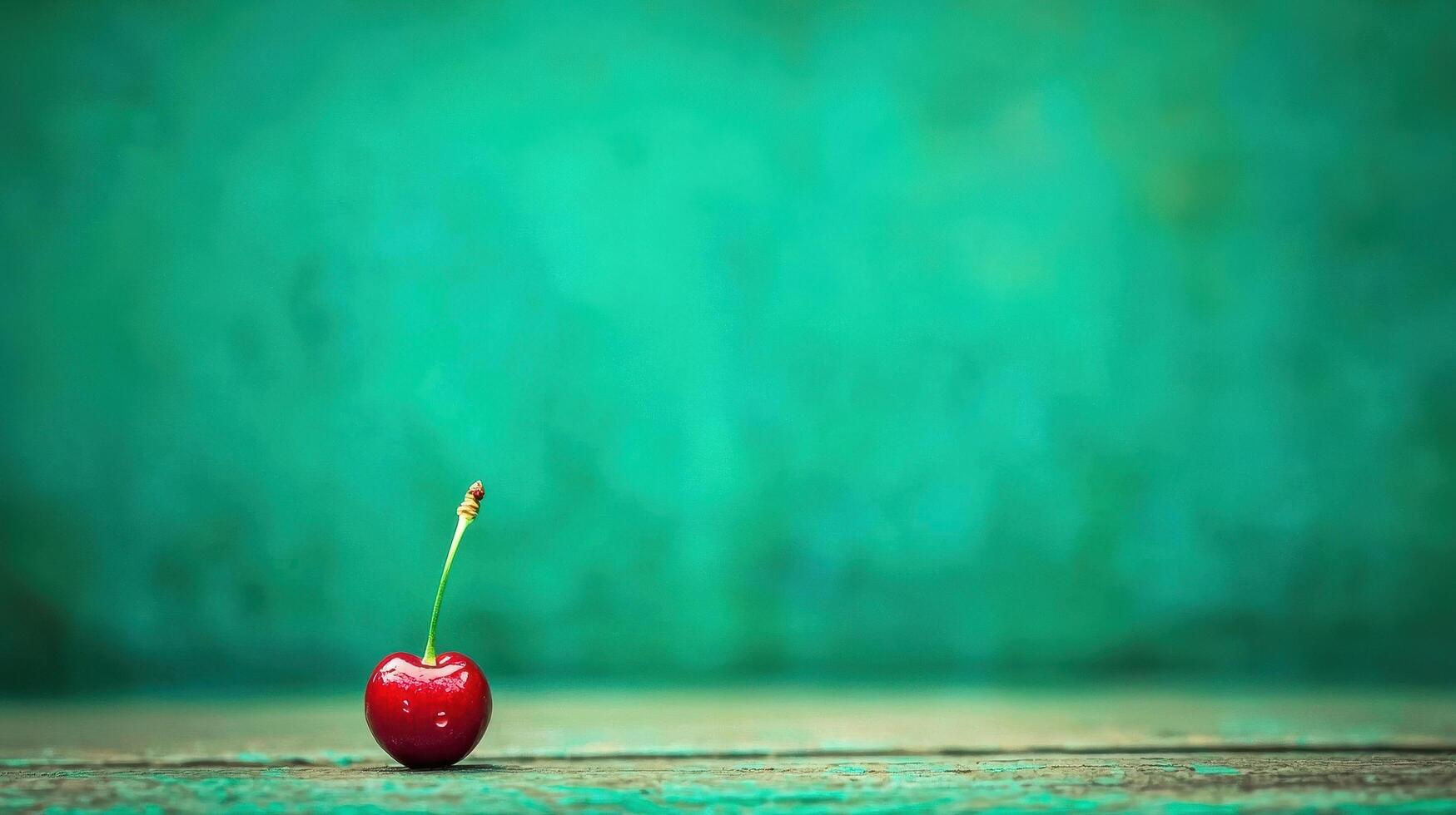 Single Red Cherry on Rustic Teal Wooden Surface Vibrant Fruit Still Life Photography photo