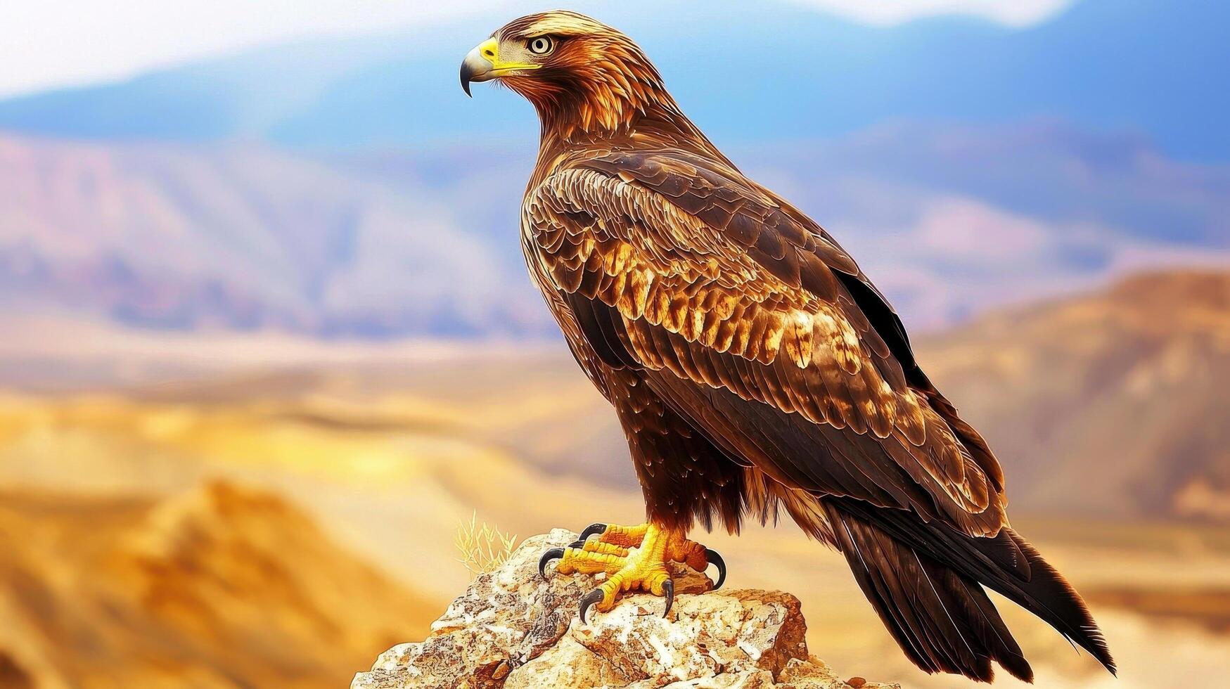 Majestic Golden Eagle Perched on Rock Mountainous Landscape Background photo