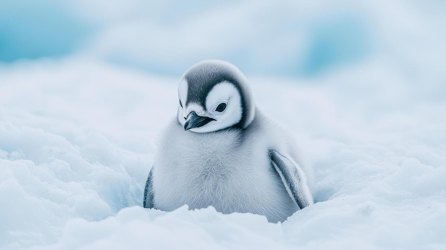 Adorable Fluffy Emperor Penguin Chick in Snowy Antarctic Landscape photo