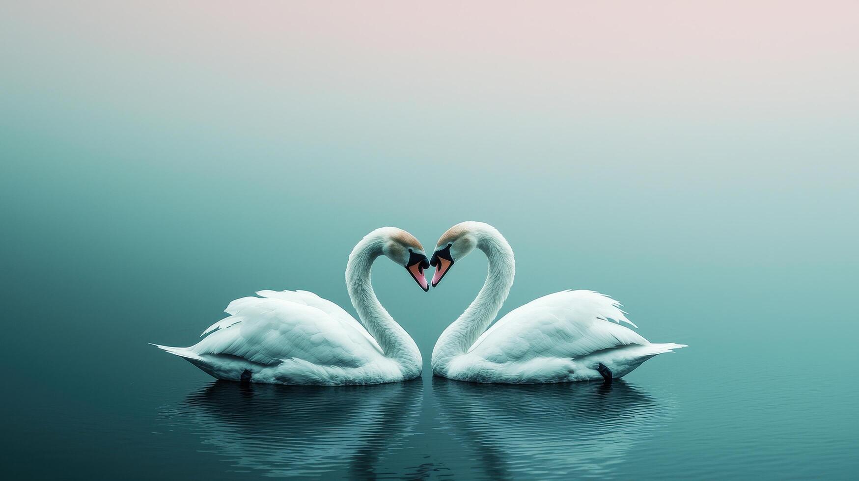 Two Swans Forming Heart Shape on Serene Teal Water Romantic Wildlife Scene photo