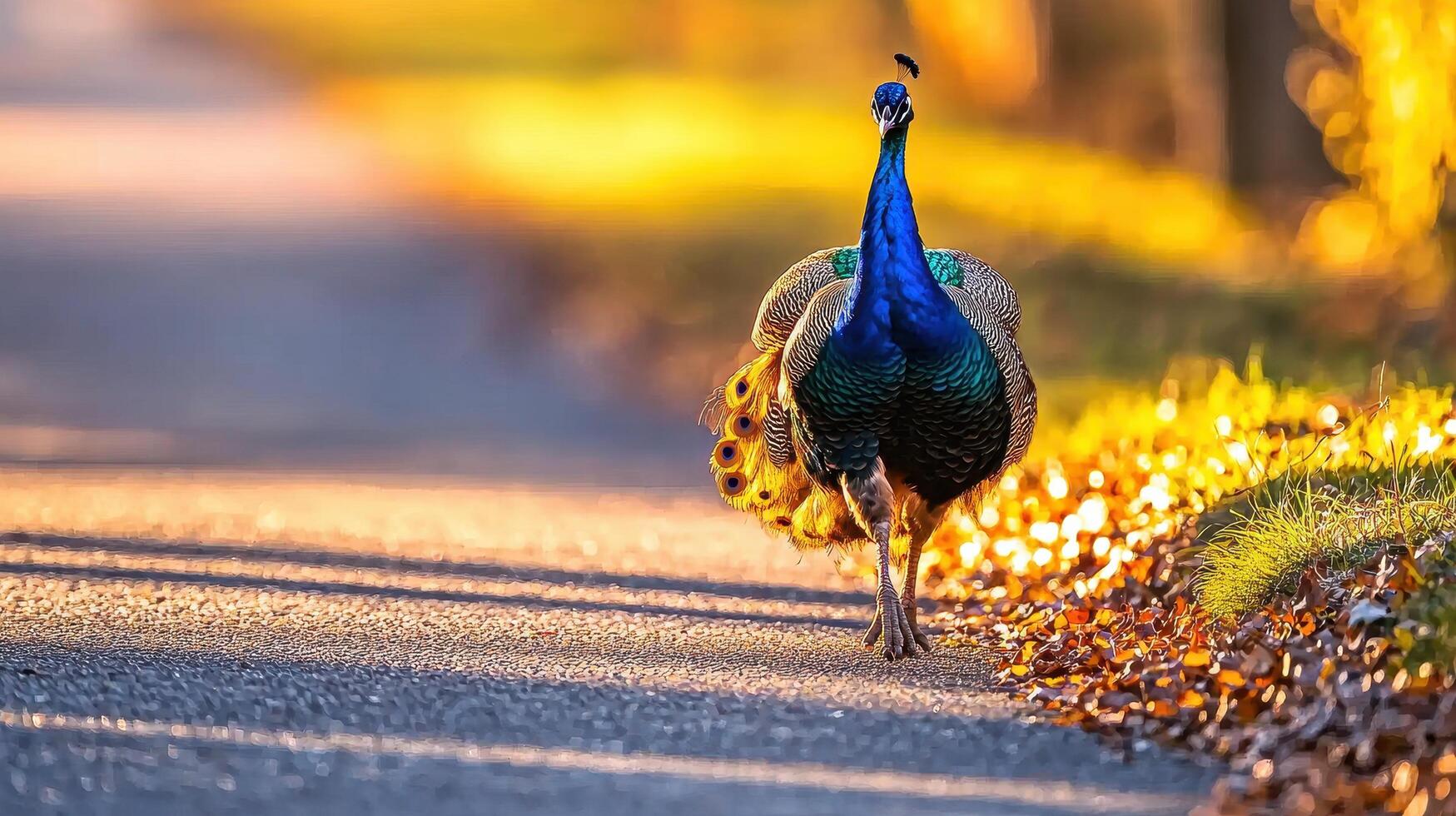 Majestic Indian Peacock Walking on Road at Sunset Golden Hour Wildlife Photography photo