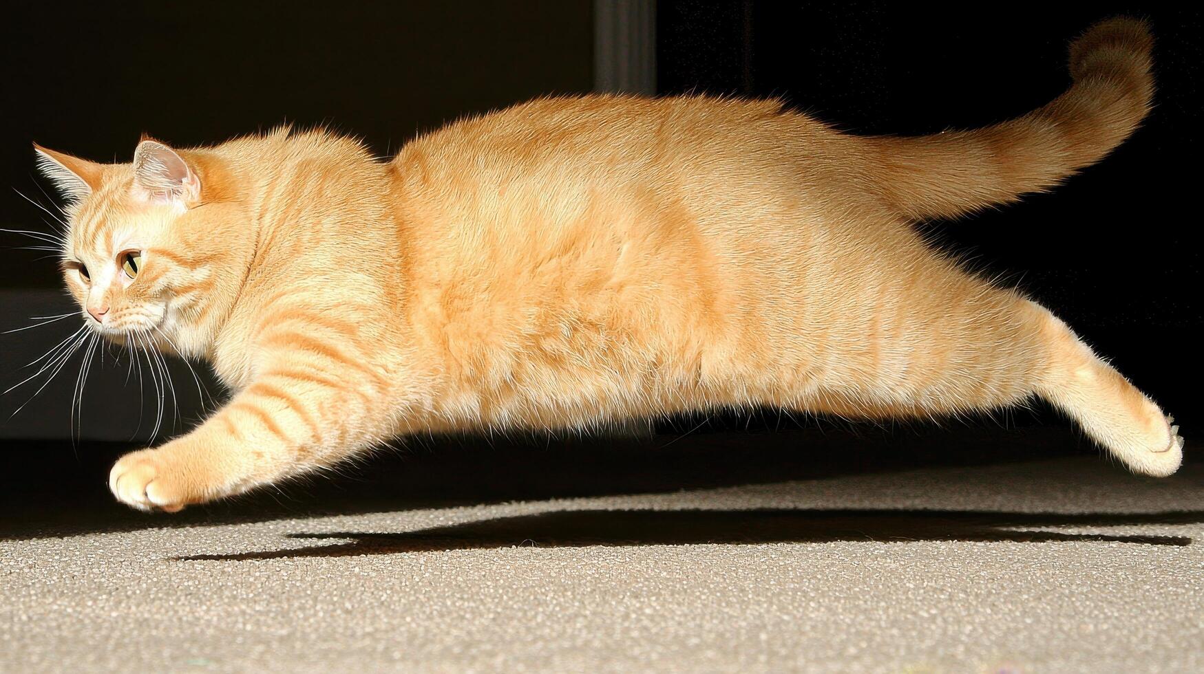 Ginger Cat in Motion Dynamic Leap Across Carpet Fluffy Fur Paws Extended photo