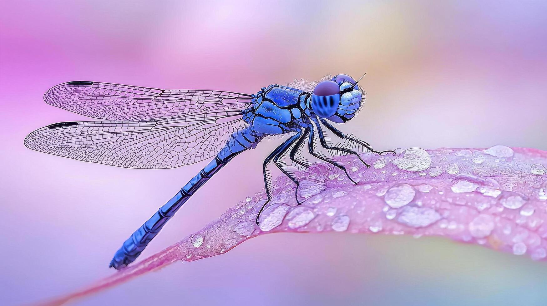 Stunning Blue Dragonfly on Dew Covered Petal Macro Photography of Insect photo
