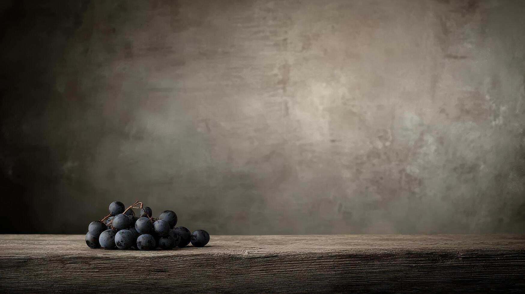 Still Life Photography Dark Grapes on Rustic Wooden Table Against Textured Background photo