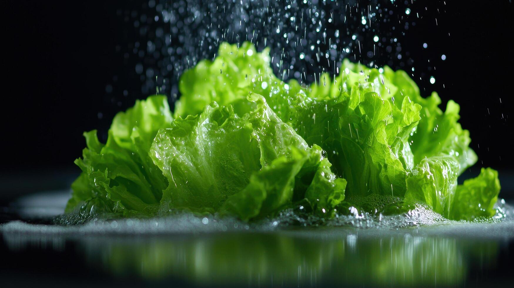 Fresh Green Lettuce Leaves Being Washed with Water Droplets Splashing photo