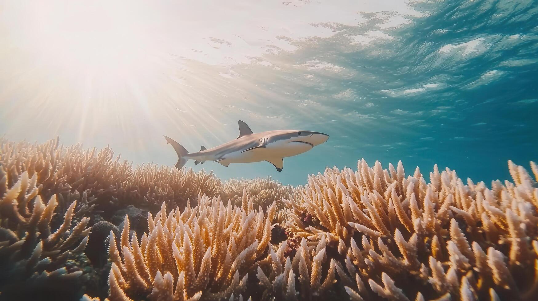 Grey Reef Shark Swimming Over Vibrant Coral Reef in Sunlit Ocean photo
