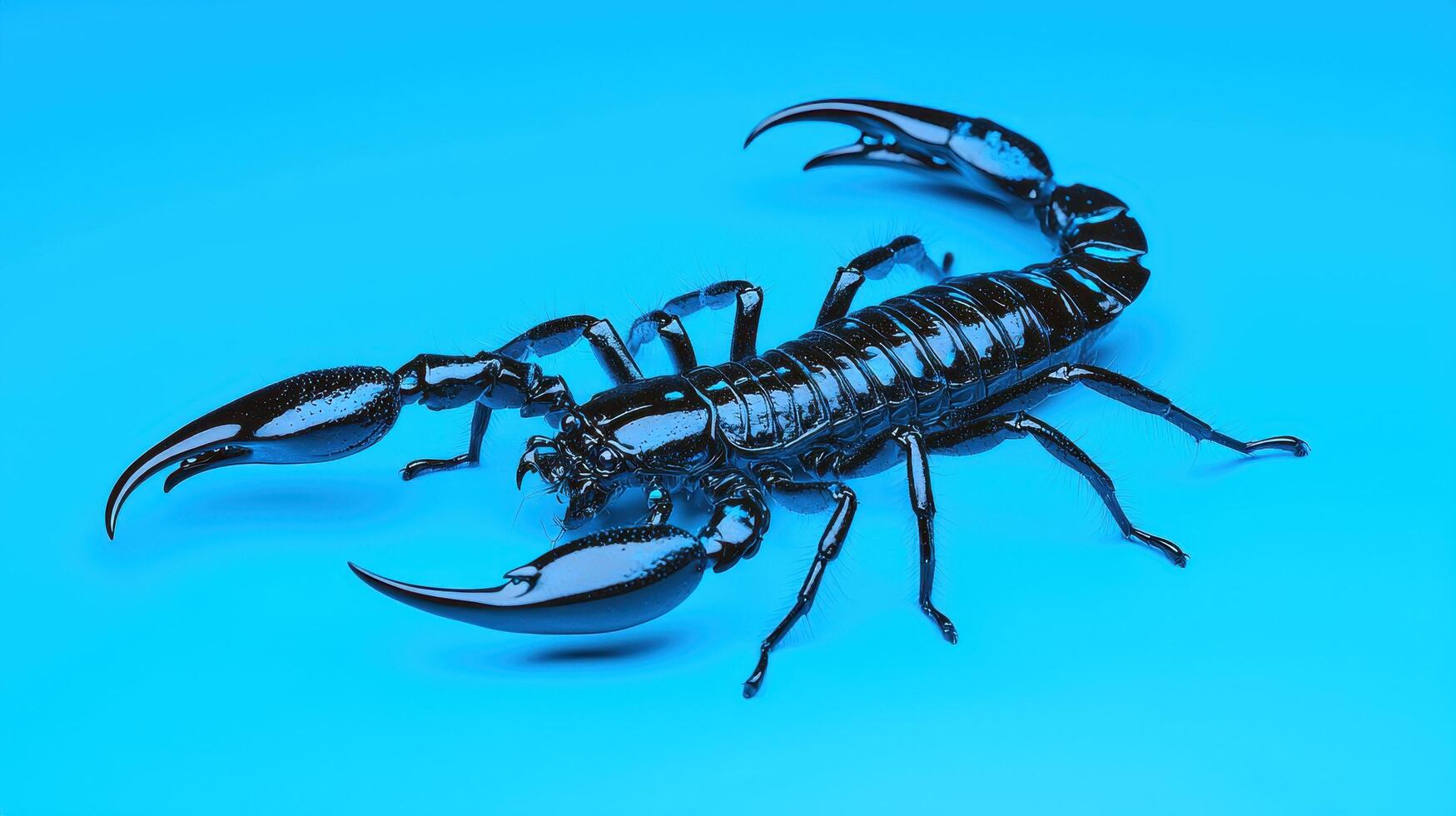 Striking Black Scorpion on Vibrant Blue Background Detailed Macro Photography photo