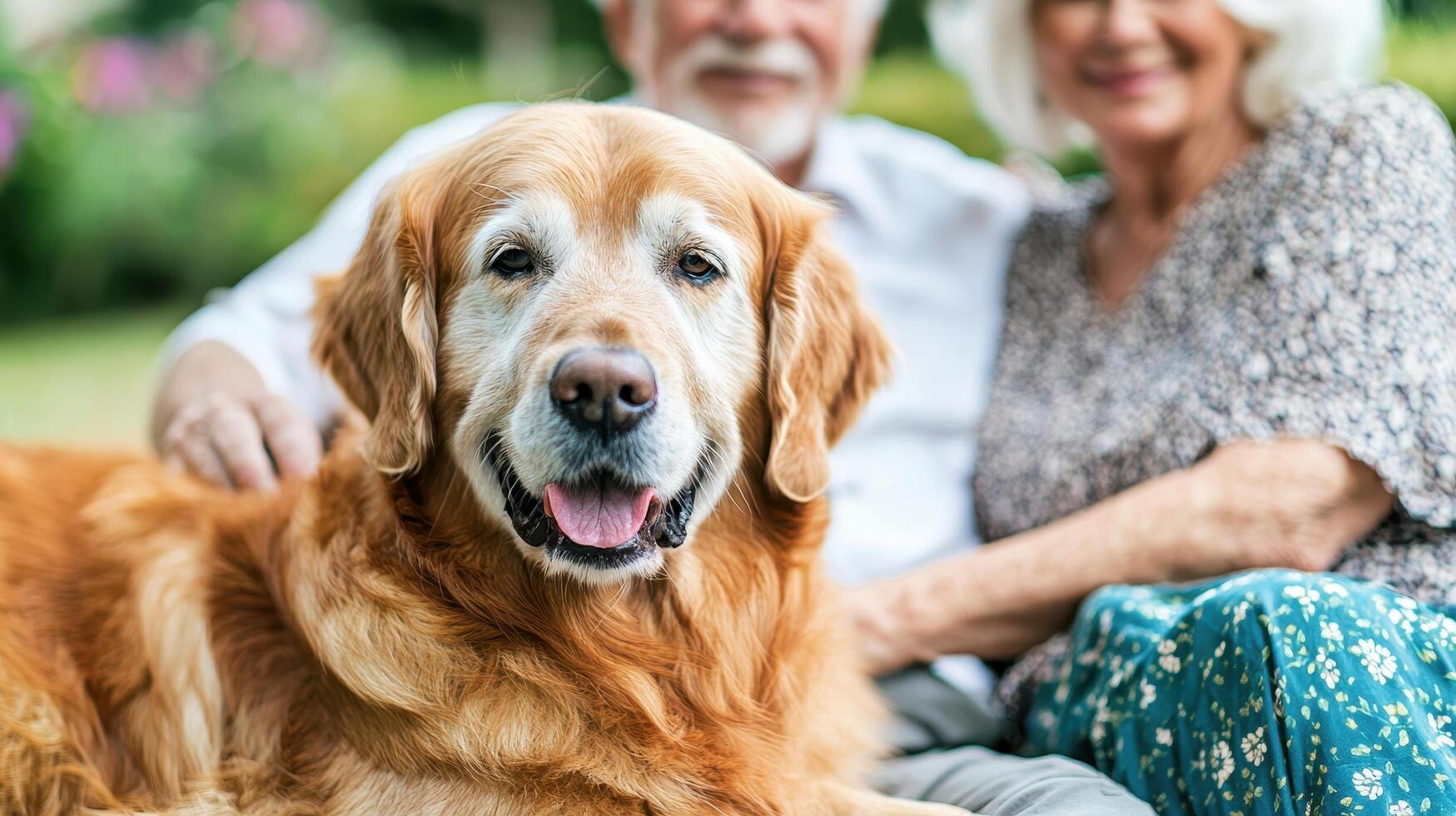 Senior Couple Relaxing with Golden Retriever Dog in Garden Showing Affection and Companionship photo