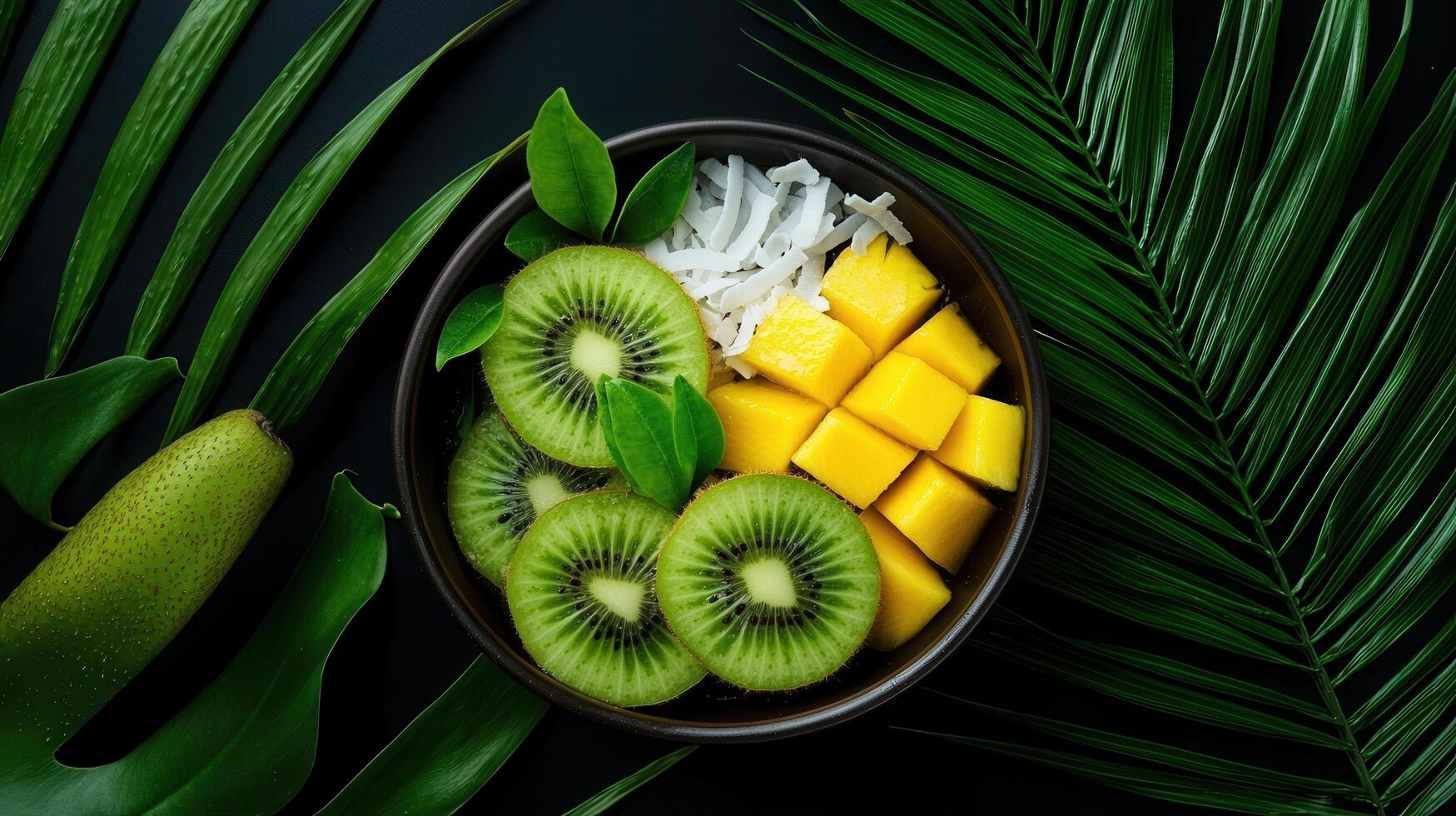 Delicious Tropical Fruit Bowl Kiwi Mango Coconut Dark Background Flatlay photo