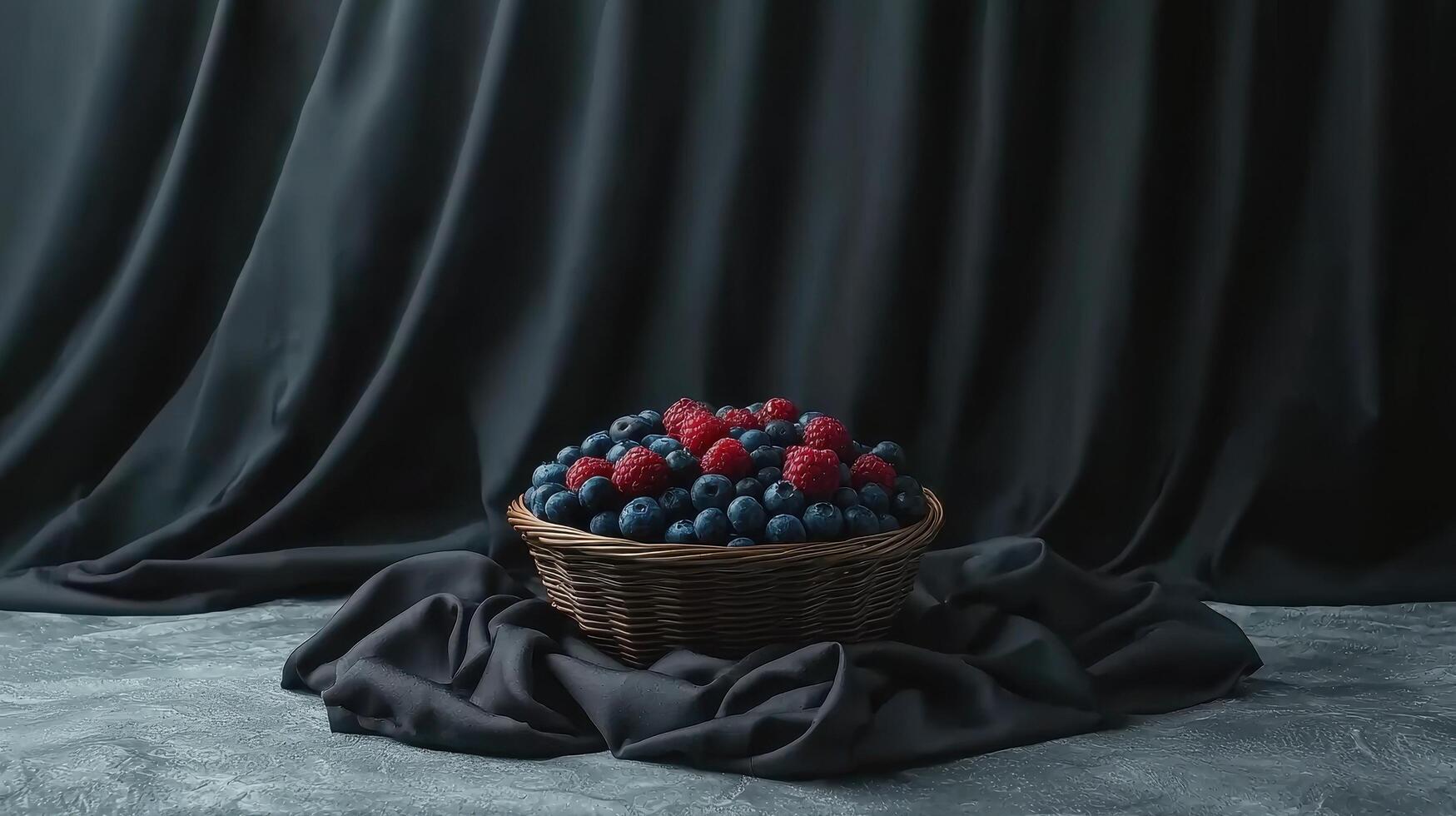 Dark Moody Still Life Photography Raspberries and Blueberries in Rustic Basket photo