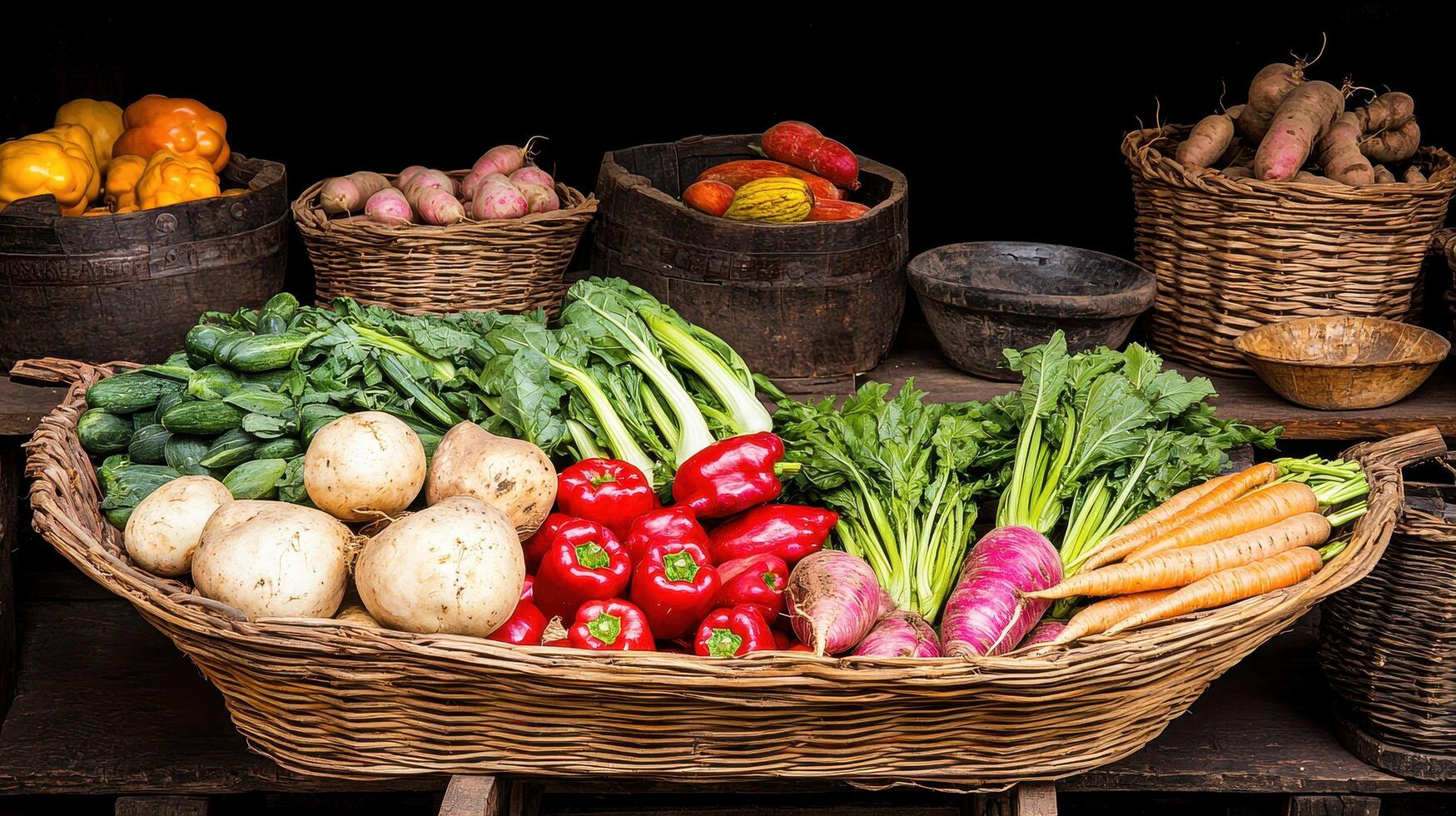 Fresh Organic Vegetables Harvest in Rustic Wooden Baskets Farmers Market Produce photo