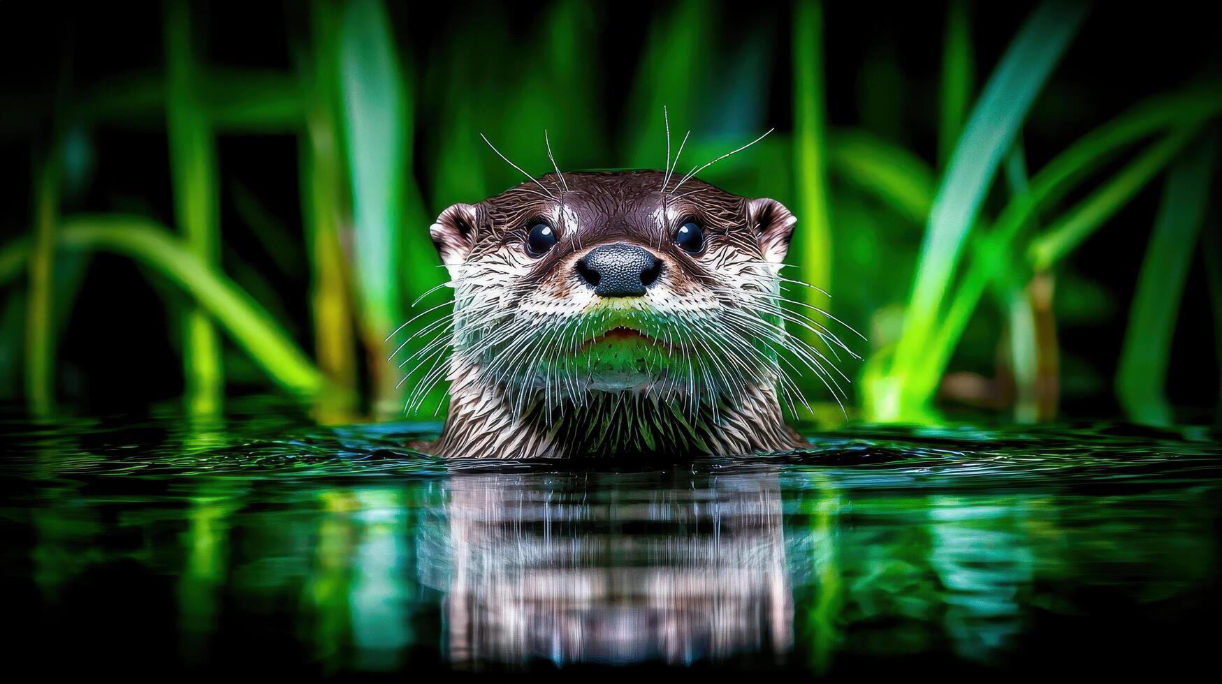 Adorable Otter in Lush Green Water Close Up Wildlife Portrait Nature Photography photo
