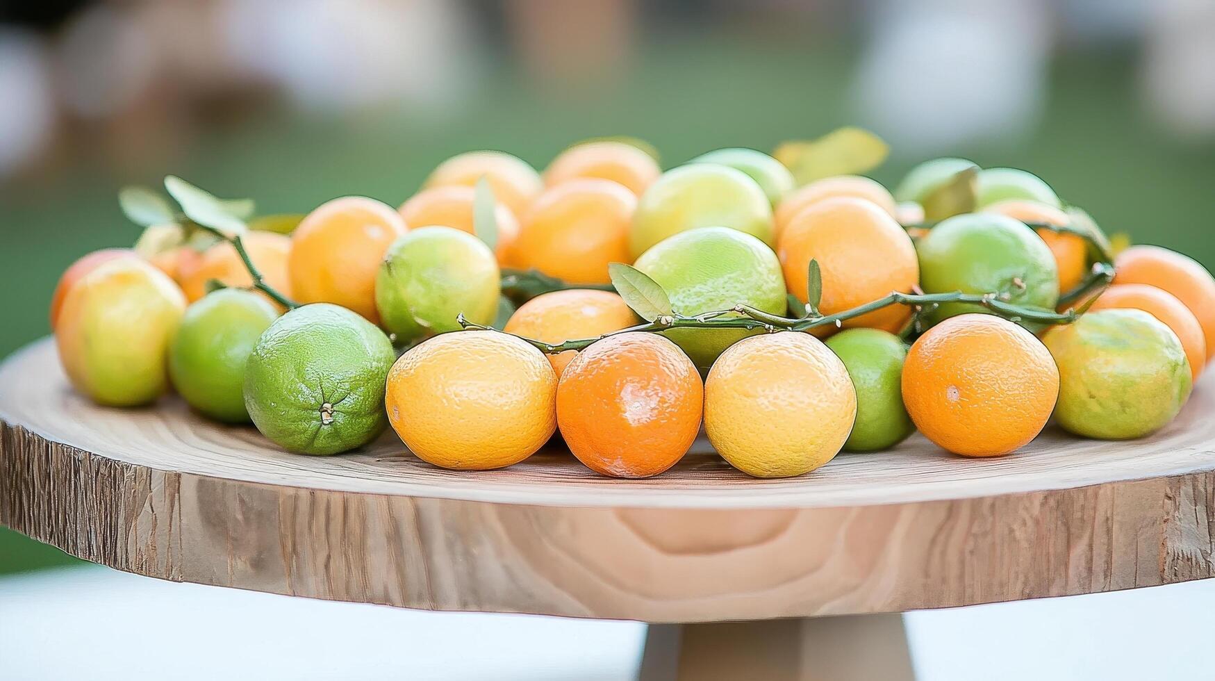 Fresh Citrus Fruits Oranges and Limes on Rustic Wooden Platter photo