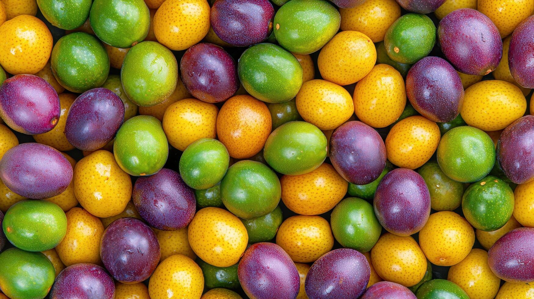 Vibrant Collection of Colorful Kumquats Plums and Green Fruits Fresh Produce Background photo