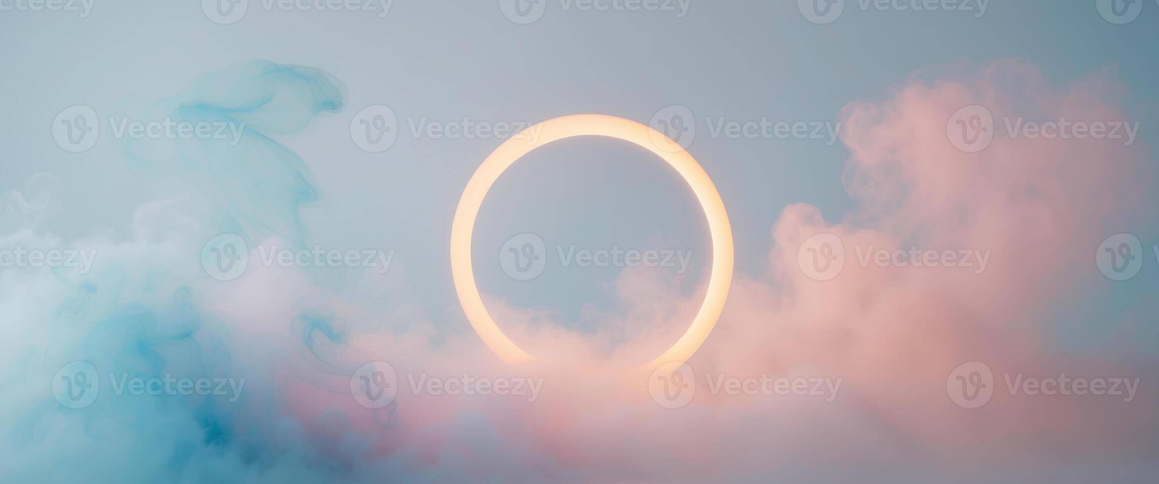 A glowing circle is surrounded by a cloud of blue and pink smoke photo