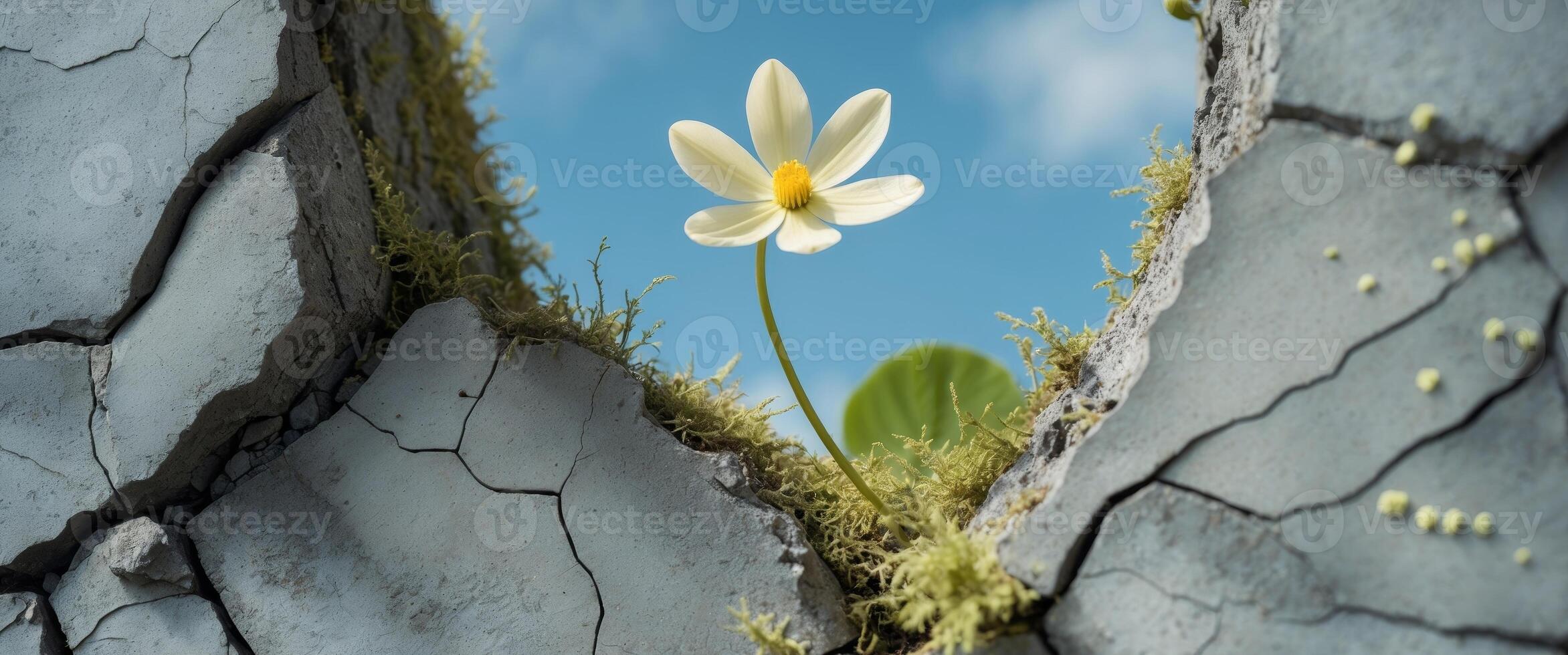 A single flower grows out of cracks on a worn stone wall photo